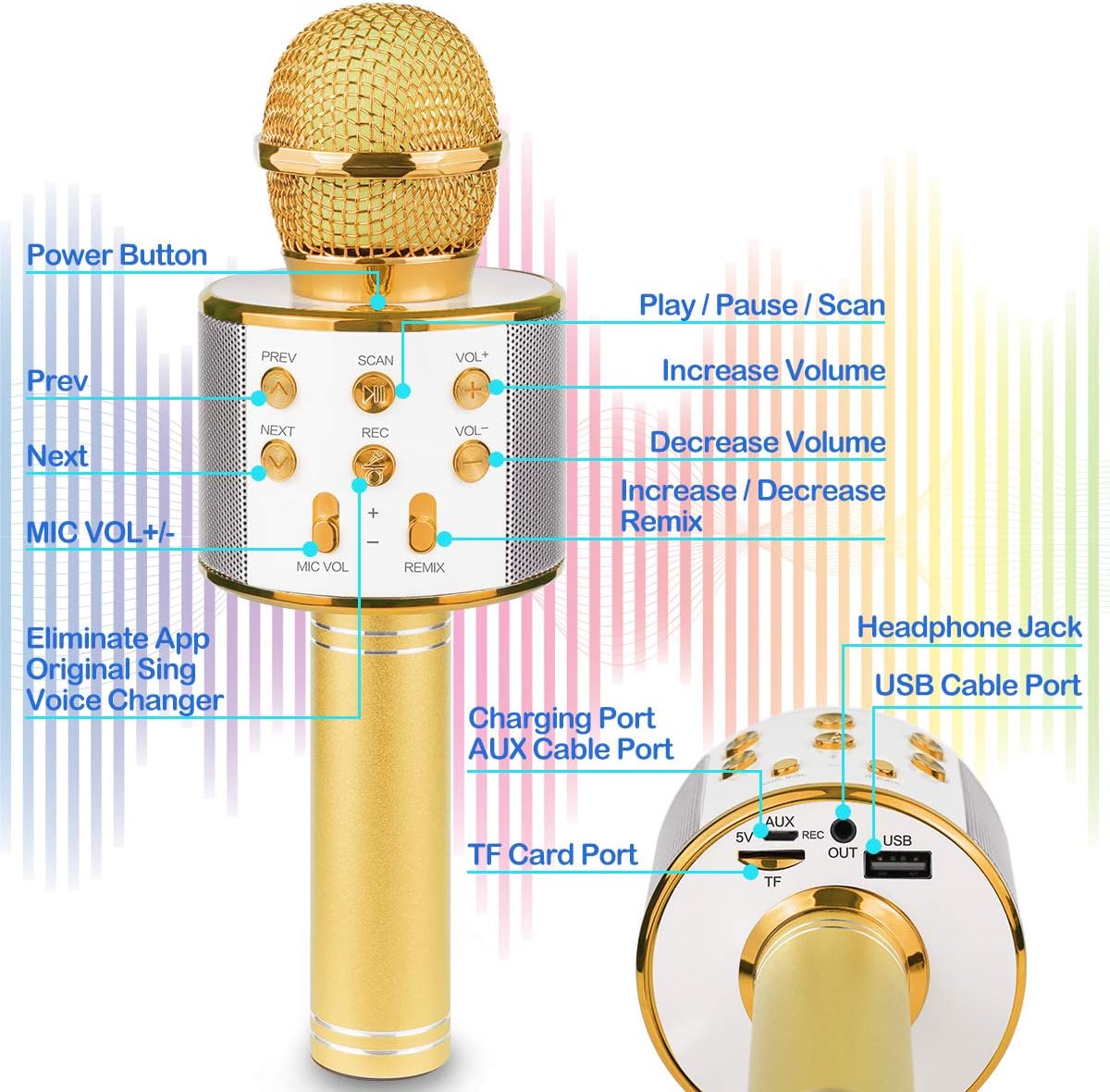 Bluetooth Karaoke Wireless Microphone for Kids, Hottest Birthday Presents Toys for 9 10 11 12 Years Old Boys Girl (Gold)