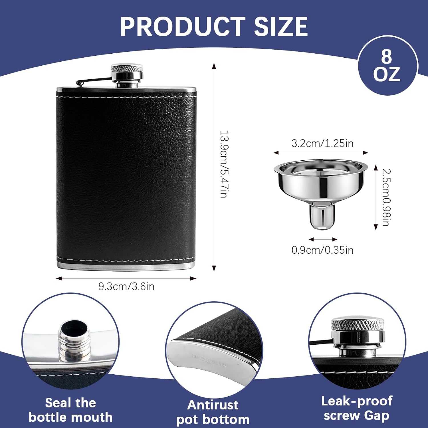 6 Set 8 oz Leather Hip Flasks for Liquor for Men Leak Proof Stainless Steel Drinking Flasks with Funnel Soft Wrap Black Whiskey Vessels for Wedding Party Bridesmaid Birthdays Gift