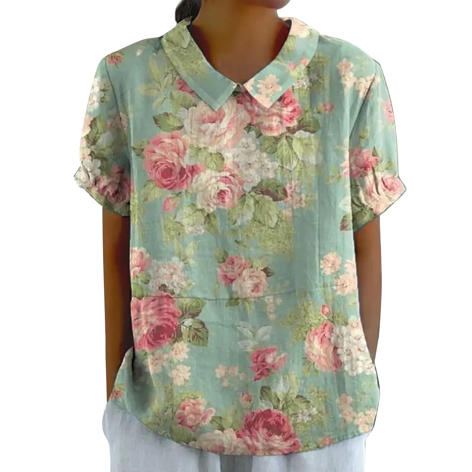 Gyaimxfu 2024 Camiseta de Manga Corta Mujer Moda impresión Camisa Verano Suelto Cuello en V Lino de Sol Suelto Blusas Tallas Grandes Camiseta Mujer Informal Holgada Camisas Basica Shirt
