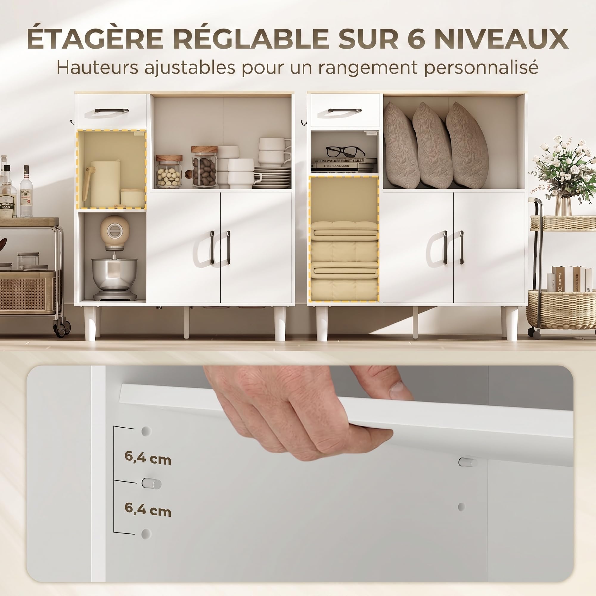 HOMCOM Buffet Cuisine 1 Tiroir 3 Portes 80 x 34 x 91 cm Blanc et Chêne