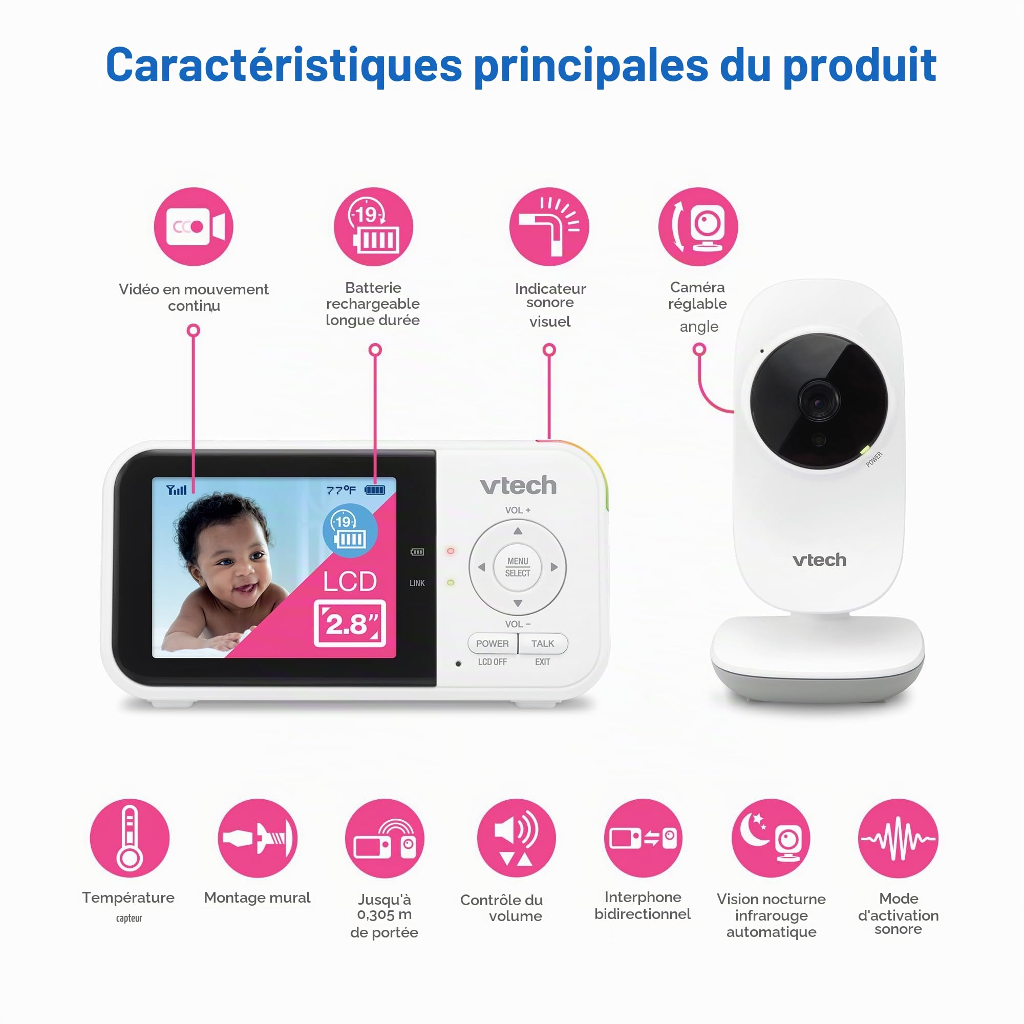 Babyphone vidéo avec 19 Heures d'autonomie, portée de 305 m, Voiture