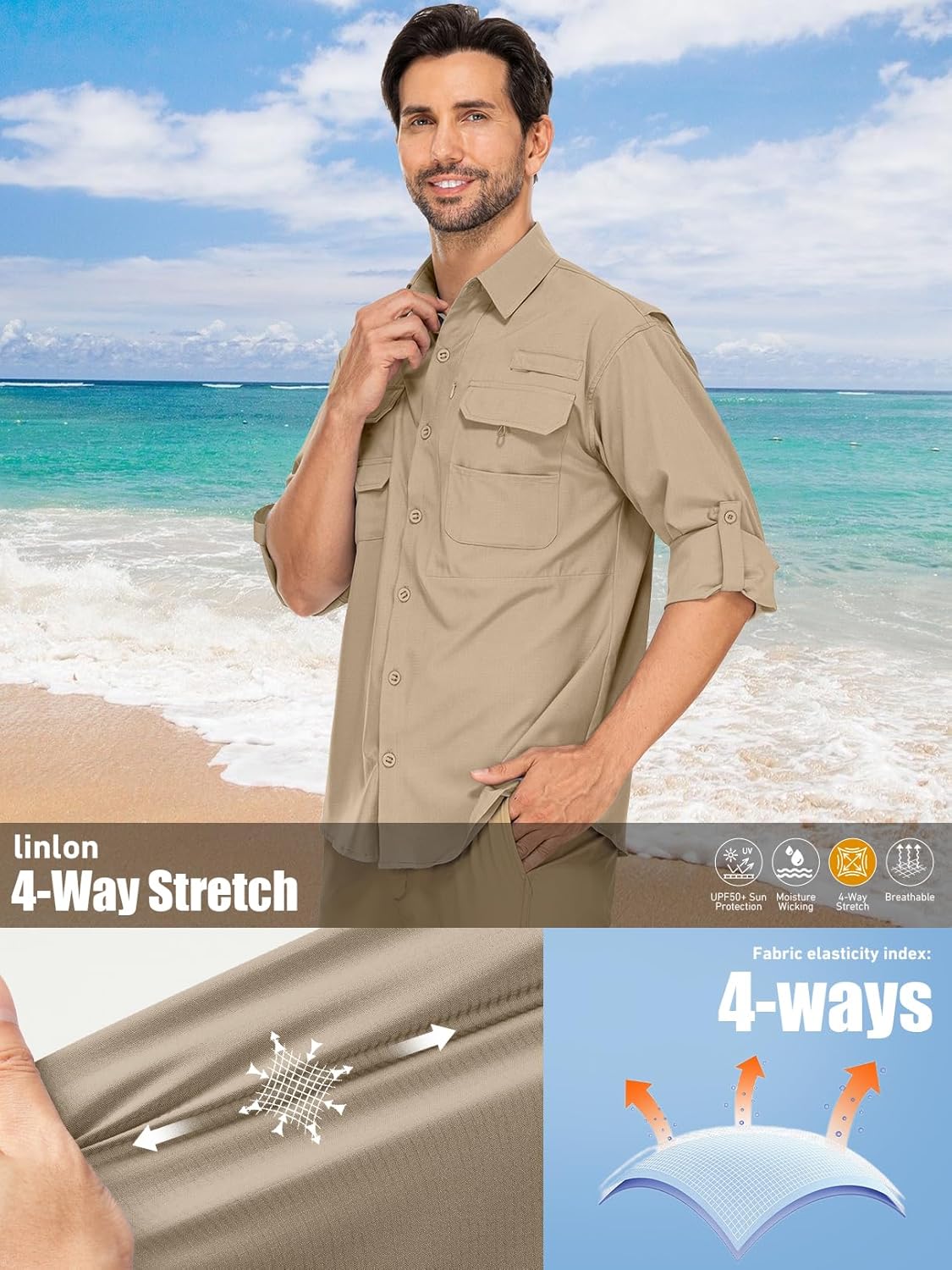 Men's Sun Protection Fishing Shirts Long Sleeve Travel UPF 50+ UV Quick Dry Cooling Safari Camping Hiking Button Down Shirts - Image 8