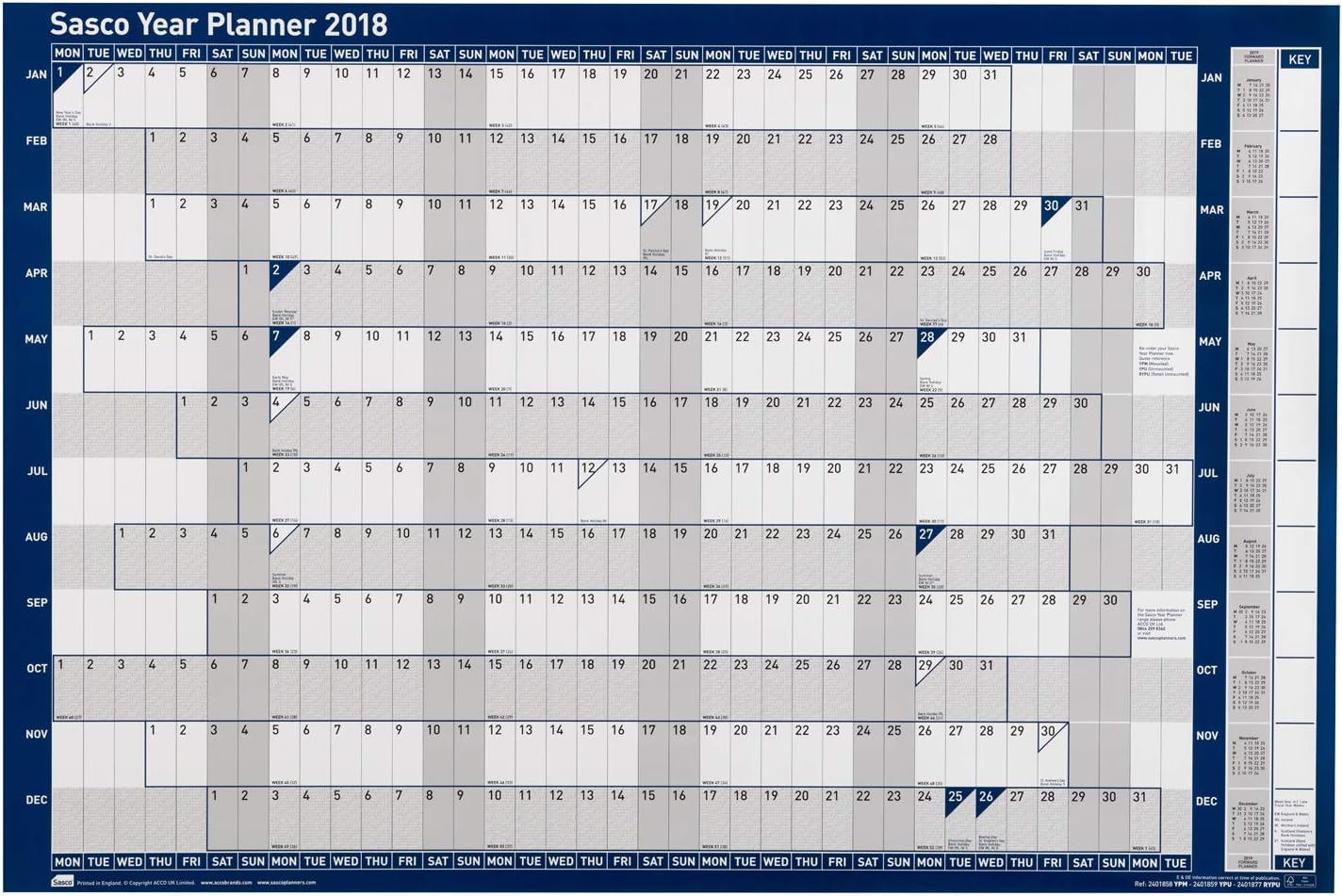 Sasco 2018 Poster Style A1 Wall Planner with Sticker Pack, Wet Wipe Marker Pen & Pen Clip (W915 x H610mm)
