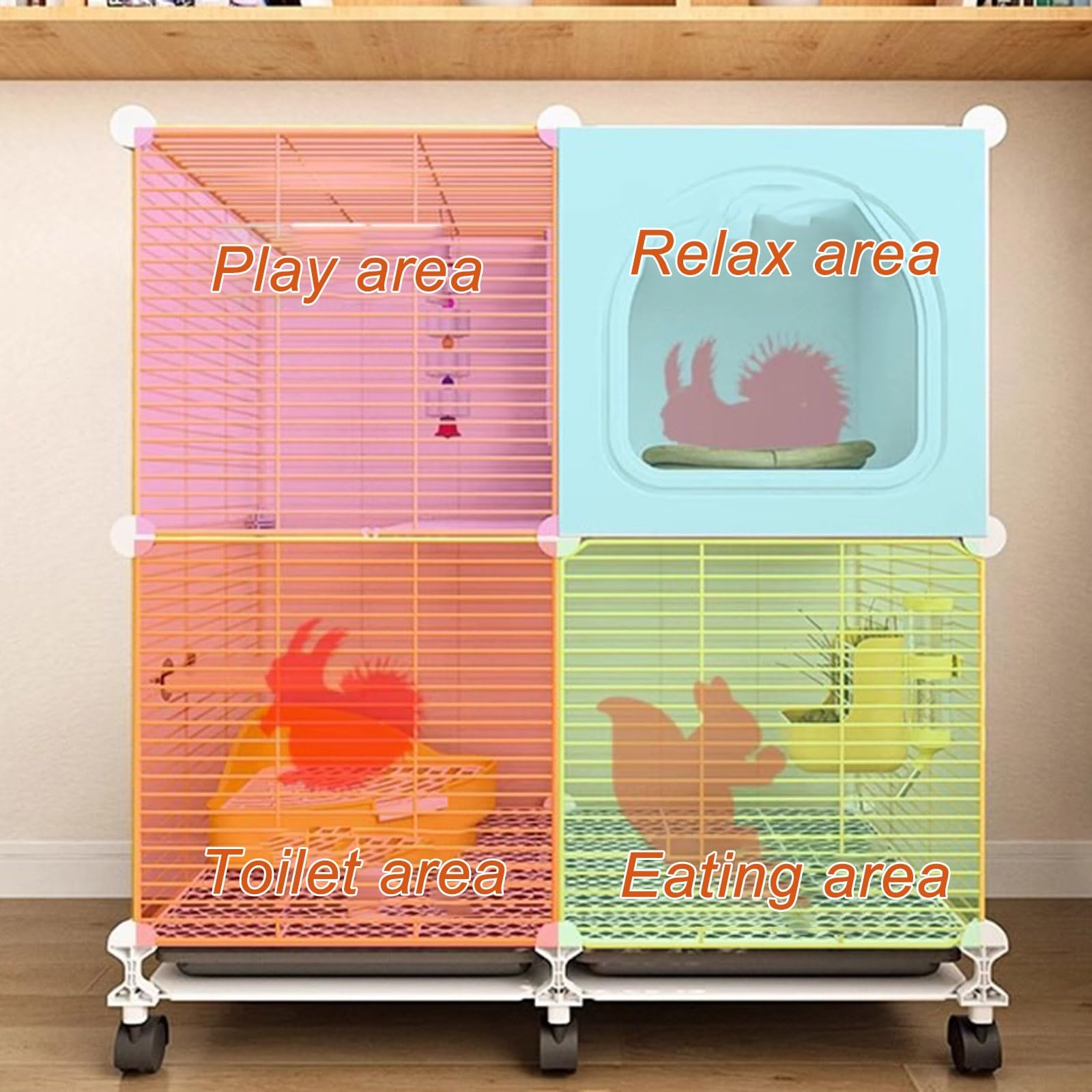 Gabbia per conigli e furetti, con ruote, per interni ed esterni, box per piccoli animali, spaziatura durevole, porte anteriori, bottiglia d'acqua, nido di erba
