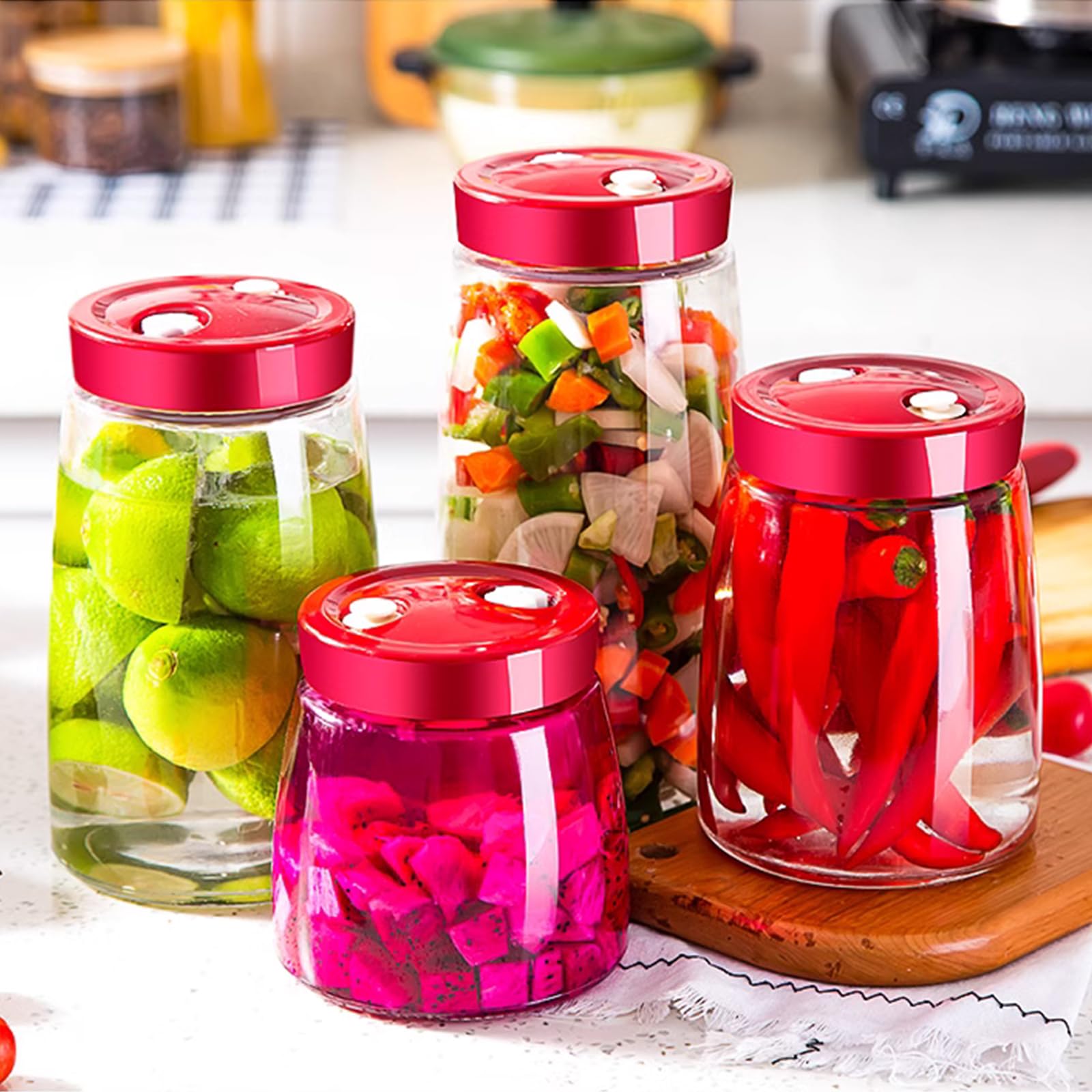 4 PCS Bocaux de Fermentation, 1.4L Verre de Fermentation avec Aération 1 Voie D'aération, Bocaux de Conservation pour Kéfir, Choucroute und Levain