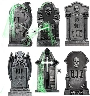 9 Pcs Halloween Tombstones RIP Graveyard, 6 Styles 15'' Plastic Tombstone Halloween Decorations Yard Signs With Stakes, 1 Fluorescent Spider Web & 2 Spiders for Halloween Props Lawn Decorations (9Pcs)