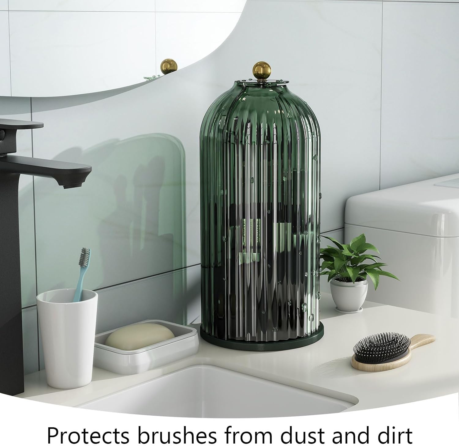 Makeup Brush Holder with Dustproof Cover 360 Rotating Makeup Brush Organizer for Vanity Bathroom, All Green - Image 2