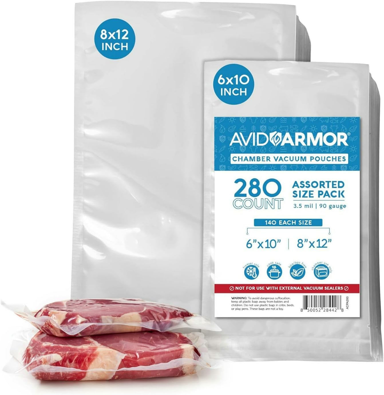 Avid Armor Chamber Machine Pouches 3.5mil, Pre-Cut Chamber Vacuum Sealer Bags, Heavy Duty Seal Pouch, BPA-Free Chamber Sealer, Assorted Size Pack, 6"x10", 8"x12" - Pack of 280 6x10 & 8x12 - Pack of 280