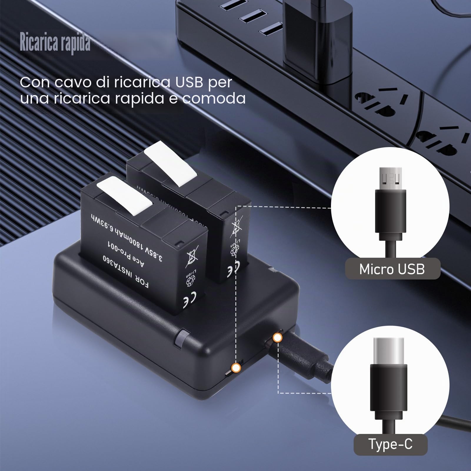 Andoer Batteria Caricabatterie Kit Doppio Caricabatterie Rapido Kit Batteria e Caricabatterie per Fotocamera Sportiva per Scheda Compatibile con Fotocamere Insta360 Ace/Ace PRO