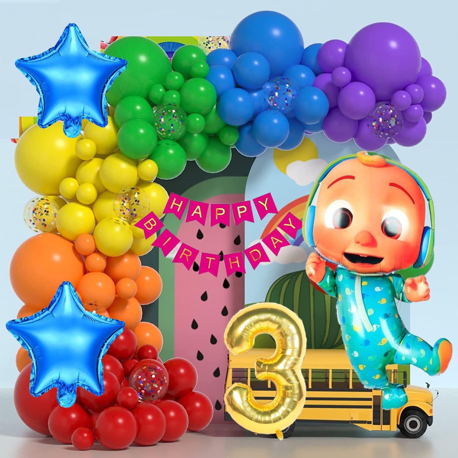 Urban Classic RainBow theme Happy Birthday Decoration kit for Boys and Gilrs | Birthday decoration items (3rd Birthday) Foil Latex & Paper banner (Cardstock),81 pcs