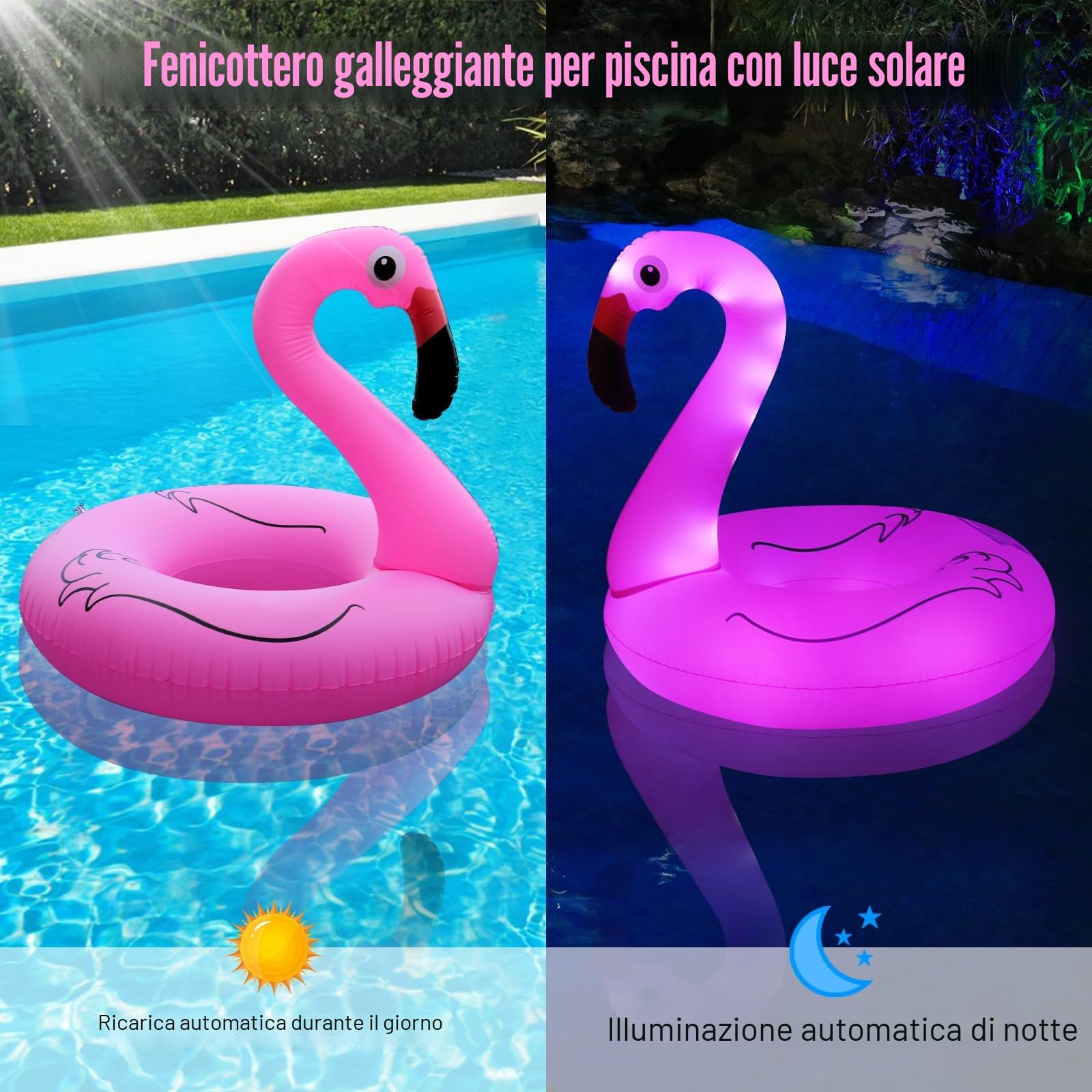 DeeprBling Fenicottero Gonfiabile Piscina con Luce Solare, Galleggiante Fenicottero Gonfiabile per Piscina, Salvagente Gonfiabile per Adulti, Fenicottero Gonfiabile Grande per Mare (106x106x100 cm)