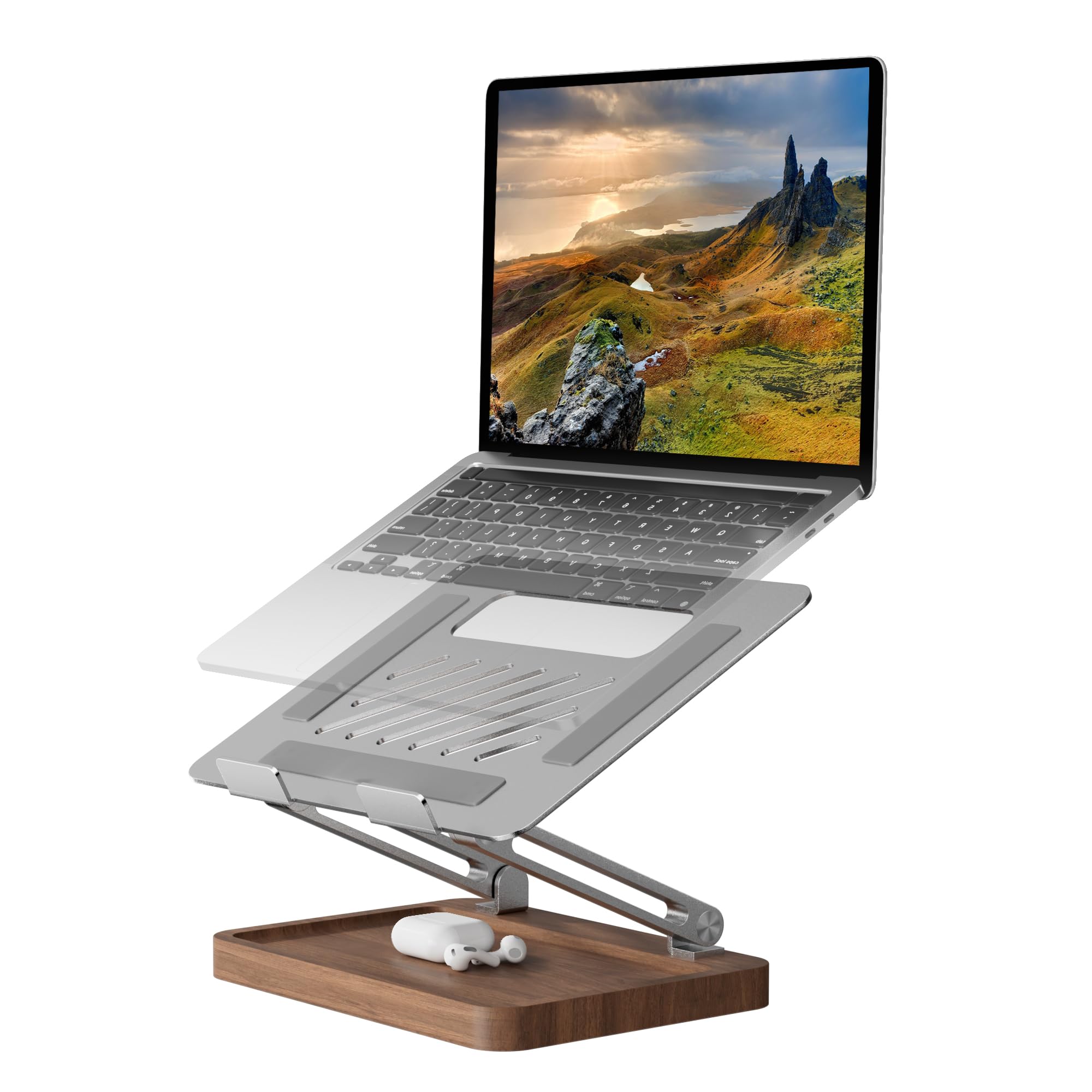 muso wood Supporto per laptop da scrivania, supporto per laptop con base in noce, supporto regolabile per laptop, supporto ergonomico in legno ventilato per notebook da 10 a 17,3 pollici
