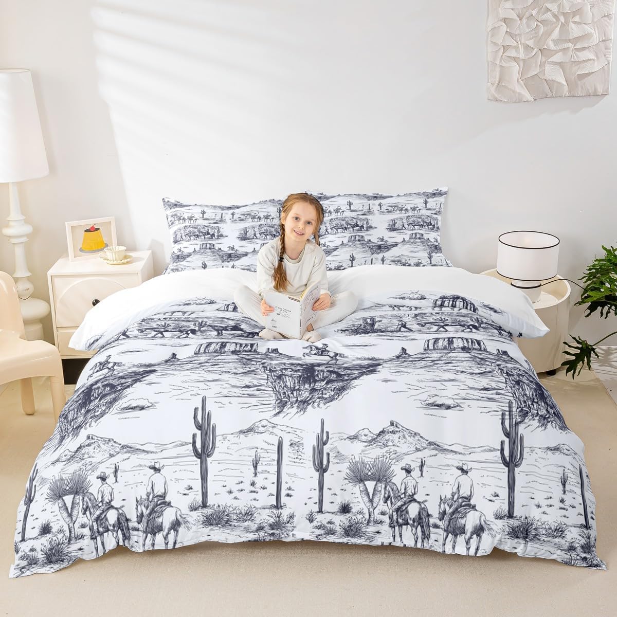 Southwest Desert Duvet Cover Set Full Size,Western Cowboy Bedding Set for Kids Boys Men Adult Room Decor,Rustic Farmhouse Style Comforter Cover Vintage Sketch Navy White Quilt Cover,2 Pillowcases