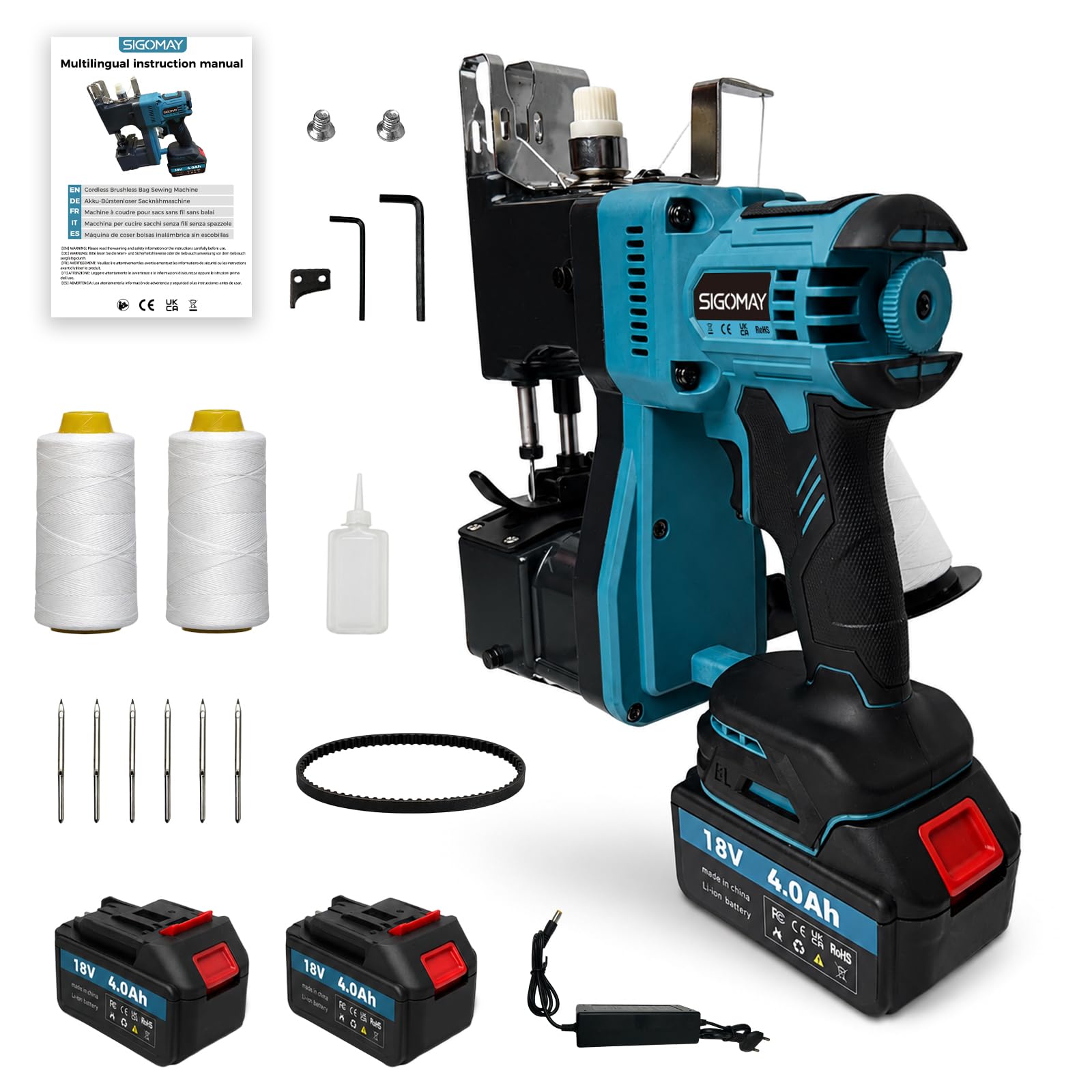 Cosedora de Sacos a Batería Brushless, Máquina de Coser Sacos Portátil 18V Compatible con Batería Makita 18V, Selladora Eléctrica para Sacos Tejidos Sacos de Arena, Incluye 2x4.0Ah Baterías