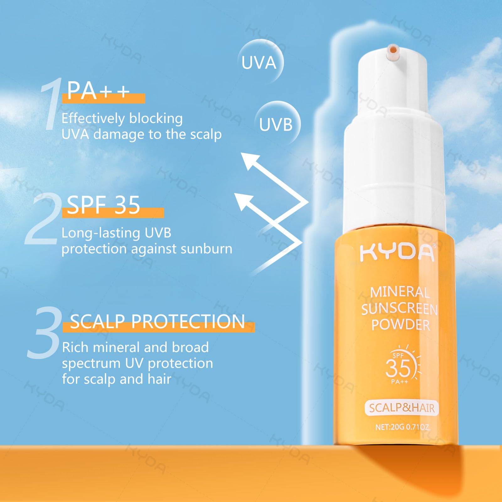 KYDA Polvere solare minerale, per cuoio capelluto e capelli, SPF 35 PA++, protezione solare per cuoio capelluto, protezione UV ad ampio spettro, leggera, non grassa, 20,1 g (02)