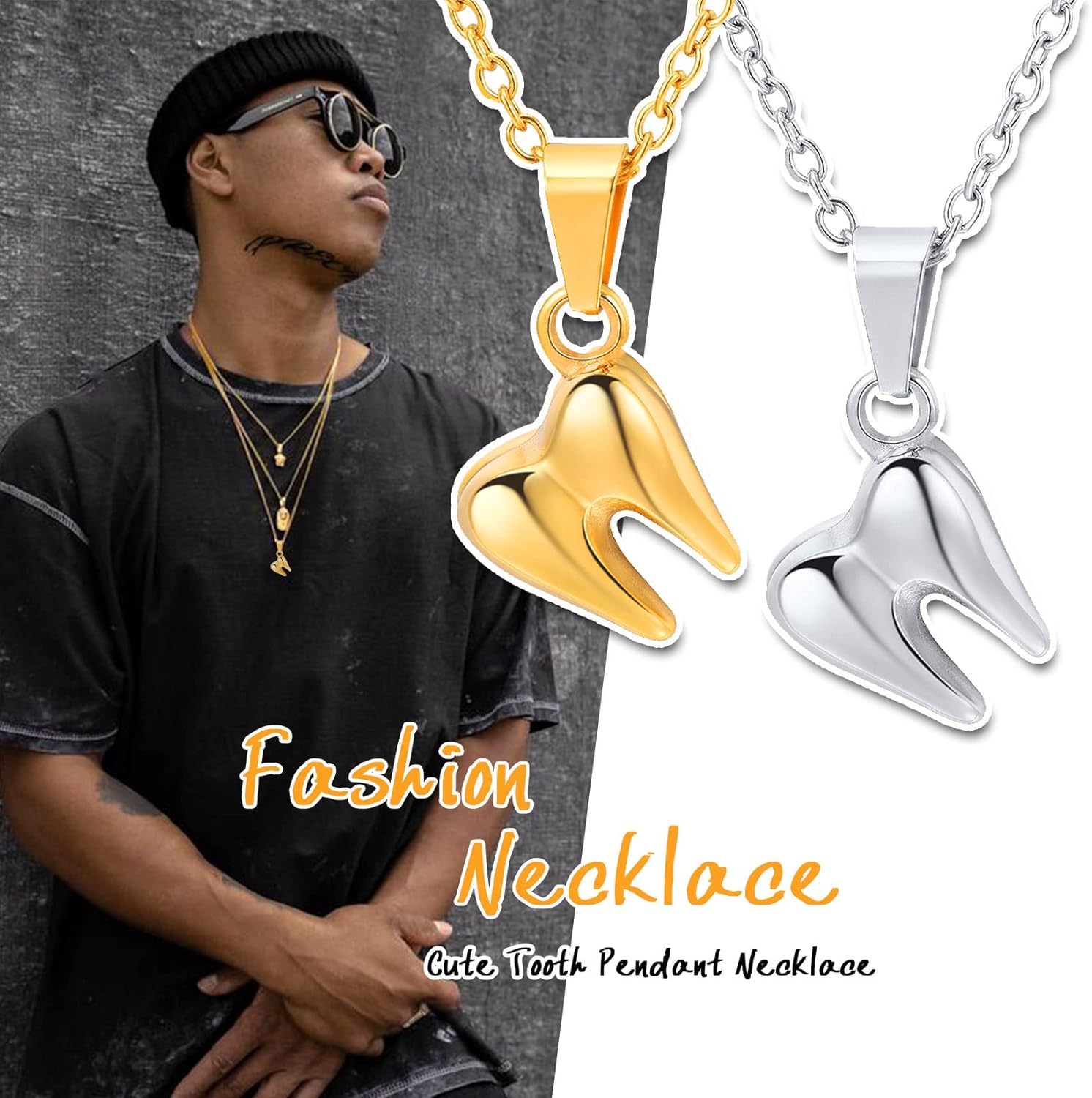 U7 Dentist/Nursing Jewelry Stainless Steel 18K Gold Plated Mini Cute Teeth Pendant Rolo Chain Dental Tooth Necklaces - Image 2