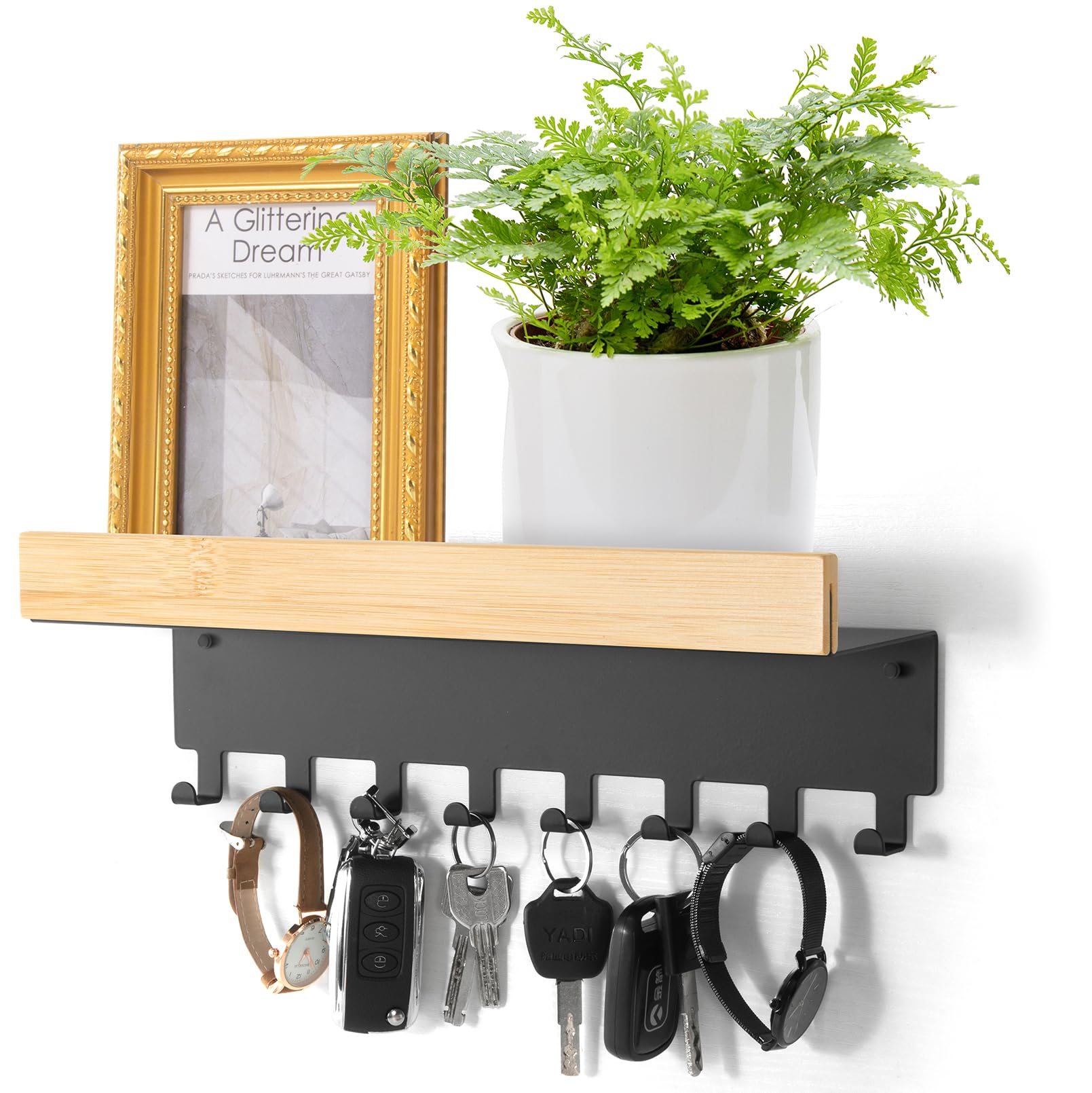 ZUIMENG Schlüsselbrett mit Ablage, Schlüsselablage aus Holz Bambus und Edelstahl mit 8 Schlüsselhaken, Schlüsselhalter Wand Schlüsselboard für Eingangsbereich, Flur, Küche (Schwarz, 32cm)