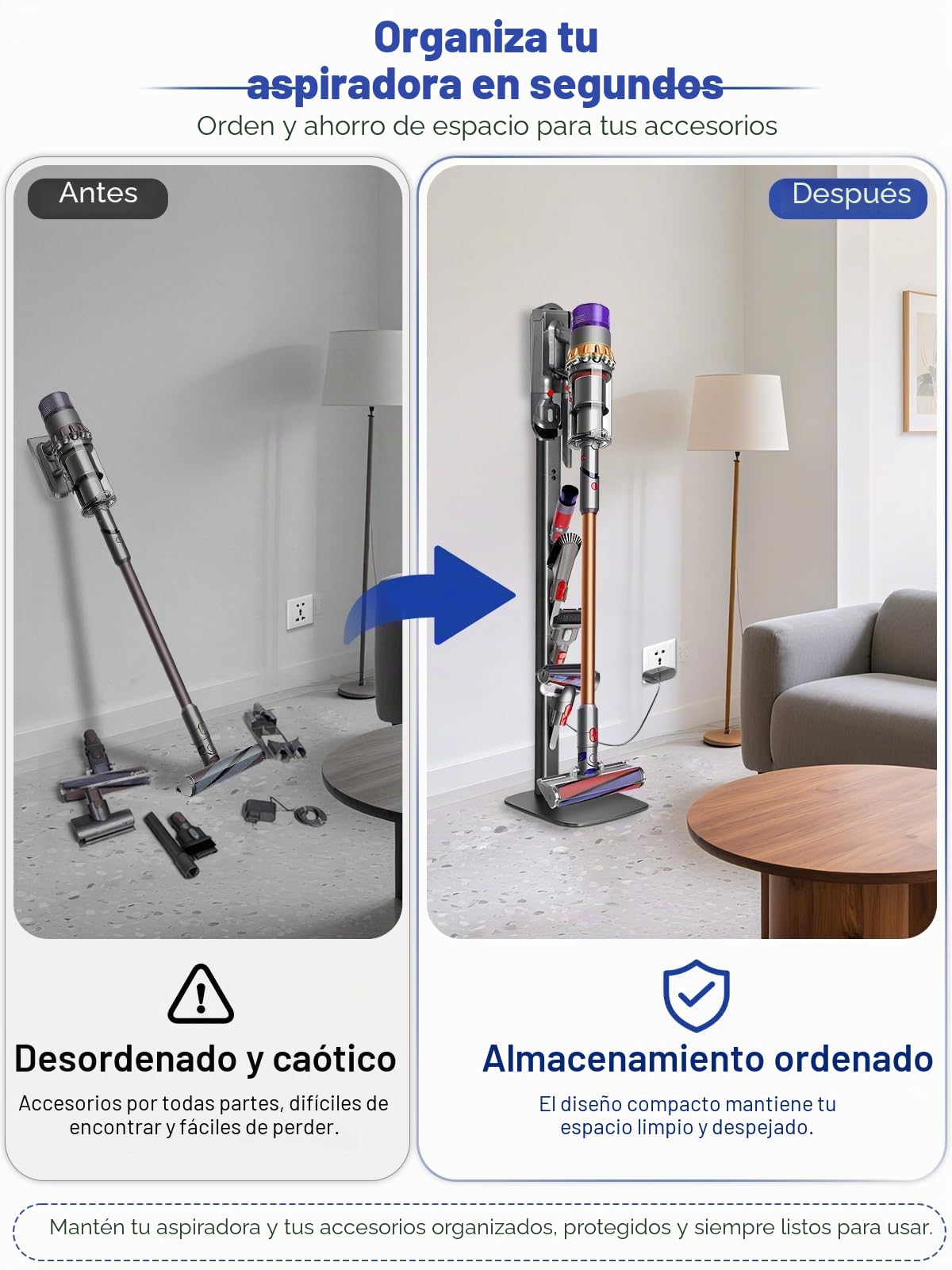 Soporte para aspiradora, compatible con Dyson Gen5, V15, V12, V11, V10, V8, V7, V6, soporte de suelo de metal con 4 ganchos, base estable, soporte sin taladros para almacenamiento de accesorios | Soporte de suelo de metal con 4 ganchos, sin taladrar, tamb