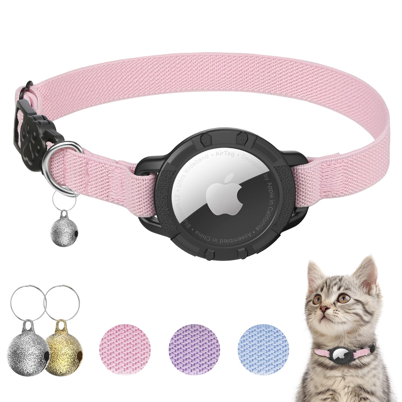 AirTag Katzenhalsbänder, dehnbares Halsband mit Apple Air Tag Halter und Glocke | Breakaway – Ultra Design Elastisch – GPS-Tracking-Halsbänder – verstellbare Größe für Katzen und Welpen 19,1–31,8 cm – (Rosa)