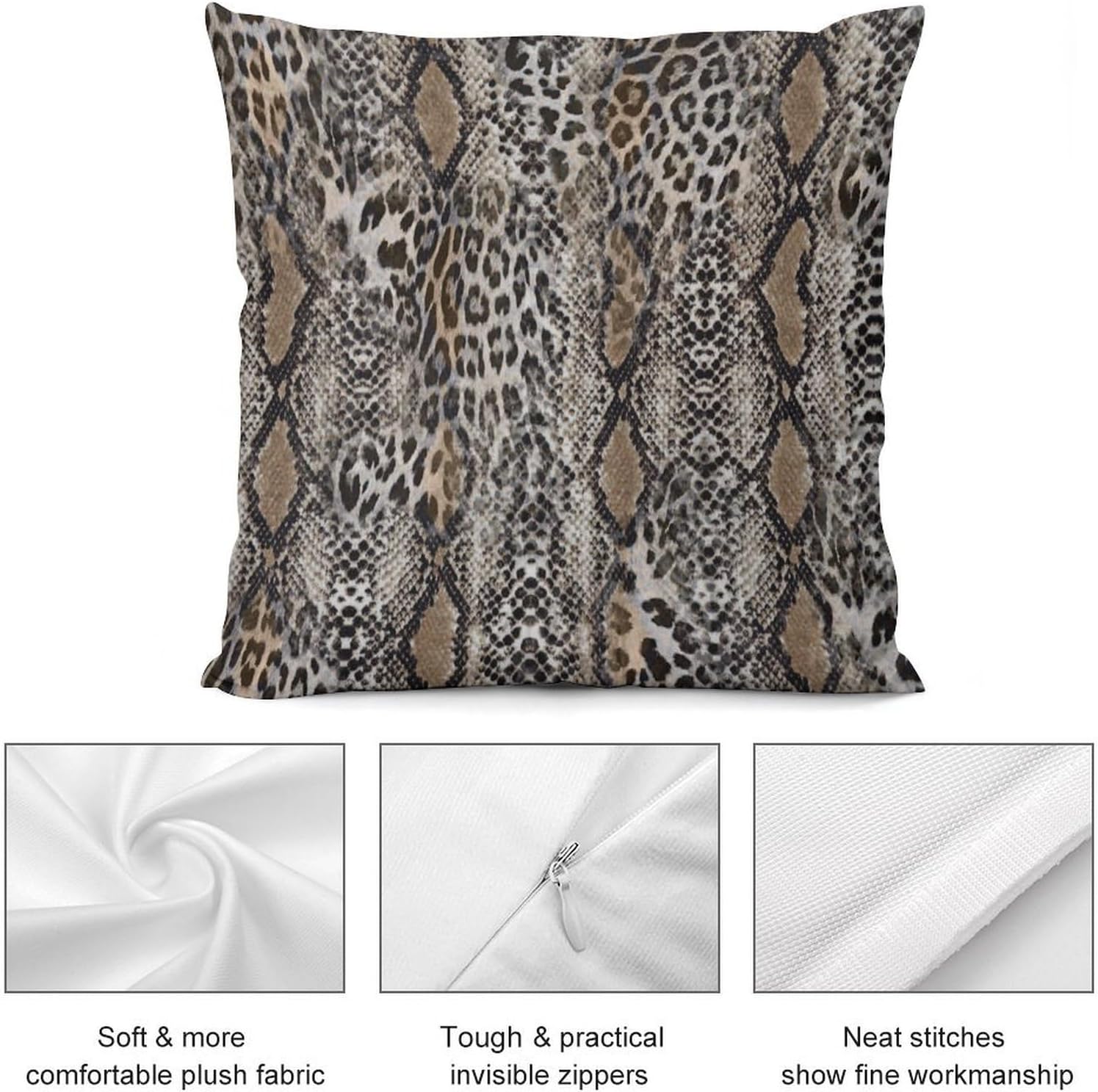 Snake Skin Pillow Cases Grey Snakeskin Leopard Pattern Decor Throw Pillow Covers Cozy Soft Pillowcase Cushion Cover for Living Room Bedroom Couch Bed (2Pcs Set), 20 "x20