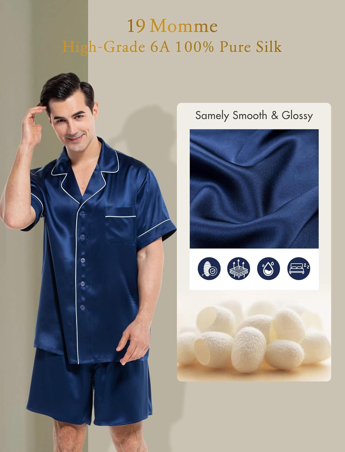 COLD POSH 100% 19MM Mulberry Silk Pajamas for Men Short Sleeve Button Up Mens Silk Pajama Set for Summer Pjs - Image 3