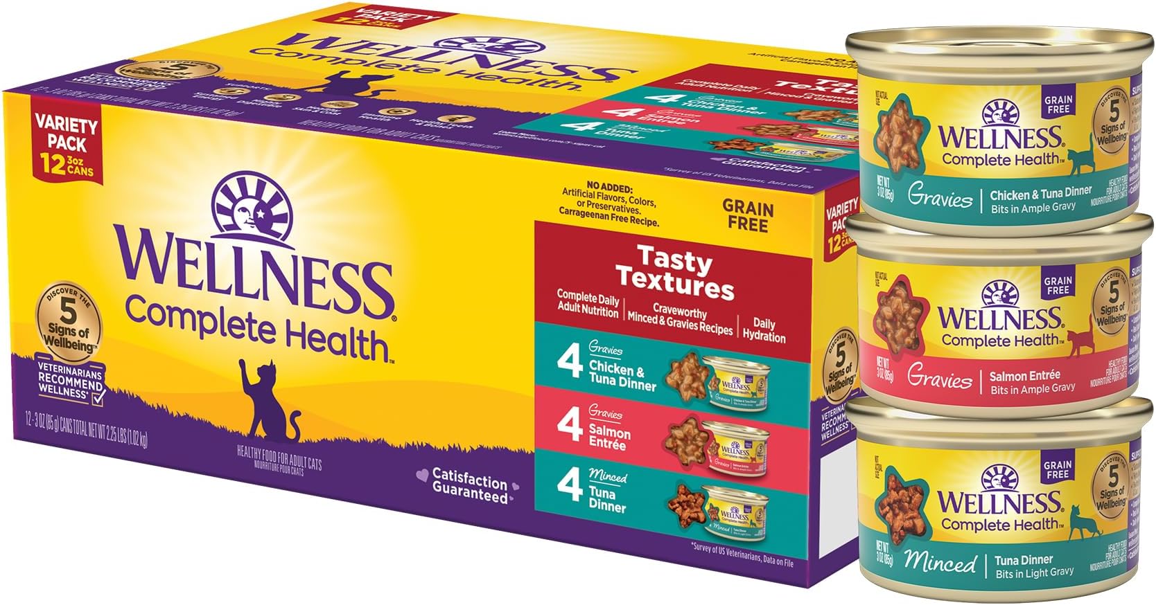Wellness Complete Health Gravy and Minced Variety Pack Adult Canned Wet Cat Food, Natural, Protein Rich, Grain Free, Salmon, Tuna, and Chicken Recipes, 3 oz, Pack of 12 Cans