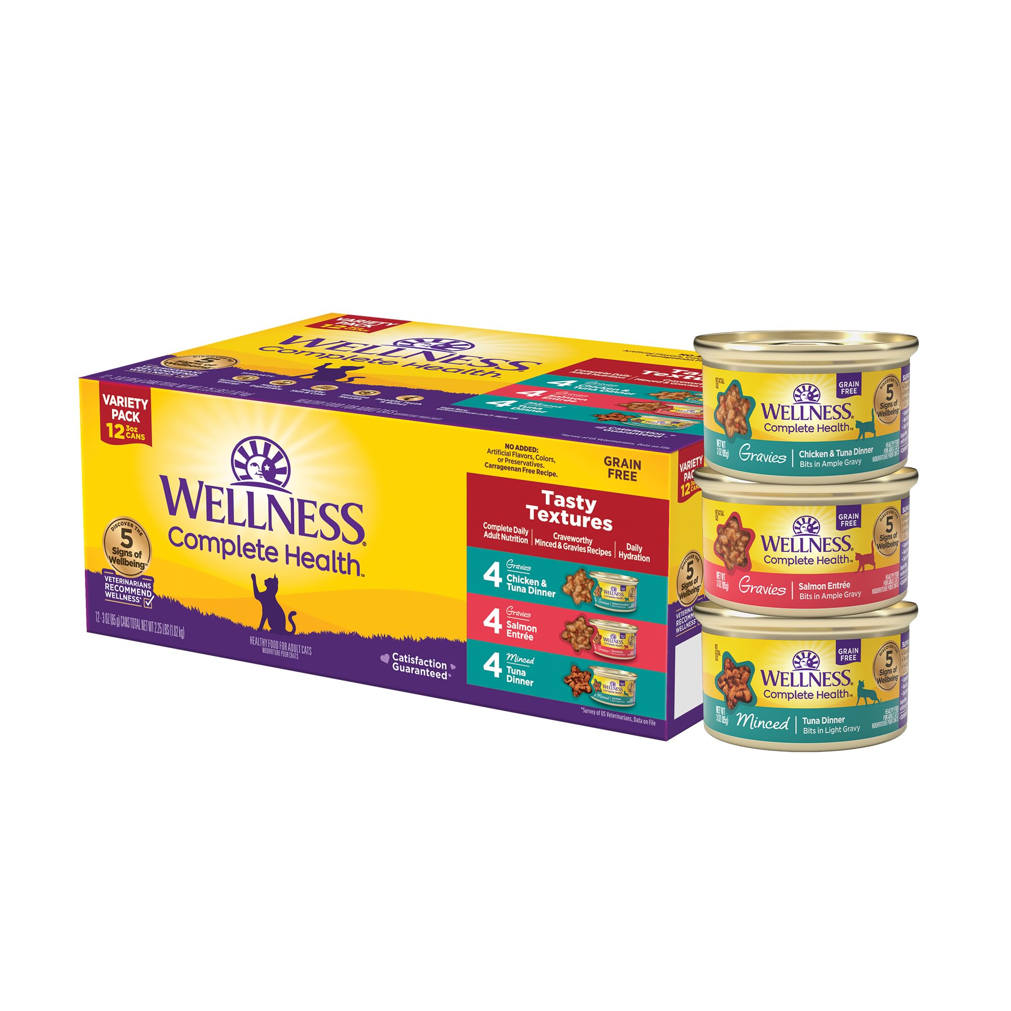 Wellness Complete Health Tasty Textures Gravy & Minced Adult Wet Cat Food, Natural, Protein-Rich, Grain Free, 3 Ounce, 12 Pack, (Salmon, Tuna, and Chicken Variety Pack)