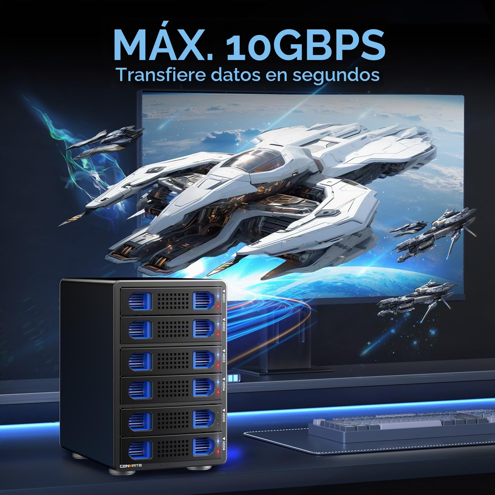 CENMATE Caja de disco duro de aluminio de 6 bahías de 10 Gbps con ventilador de refrigeración para disco duro SATA HDD/SSD de 2.5 pulgadas/3.5 pulgadas con USB A/C 3.2 Gen 2, compatible con