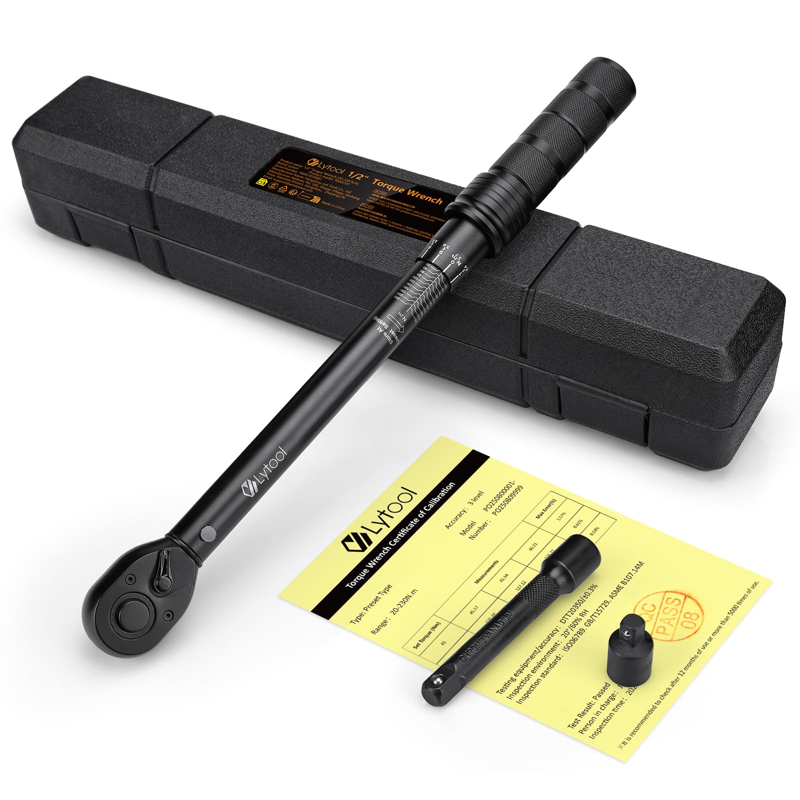 Lytool 1/2" Drive Torque Wrench Set, 20-230Nm Car Wheel Torque Wrench with 3/8'' Adapter and 125mm Extension Bar, Dual-Direction Adjustable 72 Tooth for Car Motorcycle Truck, ± 3% Accuracy