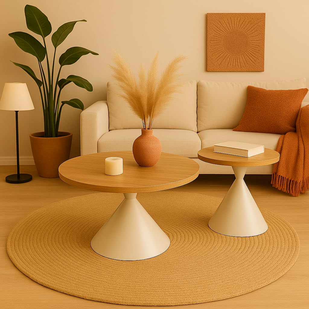 Couchtisch Set 2 Stück – Rund, Skandinavisches Design – Helles Holz & Weiß – Beistelltisch oder Sofatisch – Modell ÁUREA