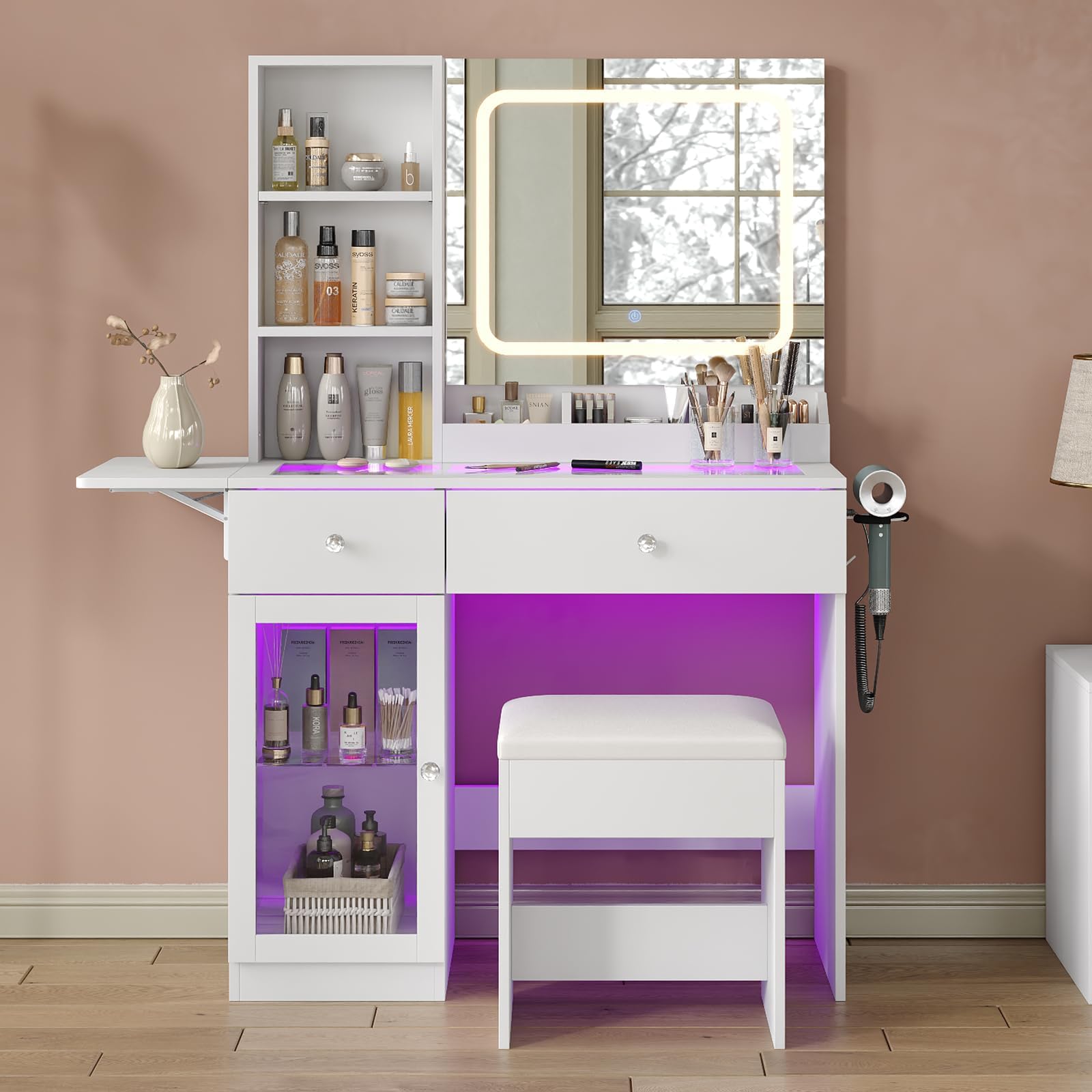 35'' Vanity Desk with LED Mirror, RGB Lighted Makeup Vanity with Charging Station, Open Shelves & Large Transparent Cabinet, 2 Drawers Glass Top Vanity with Chair for Bedroom, White