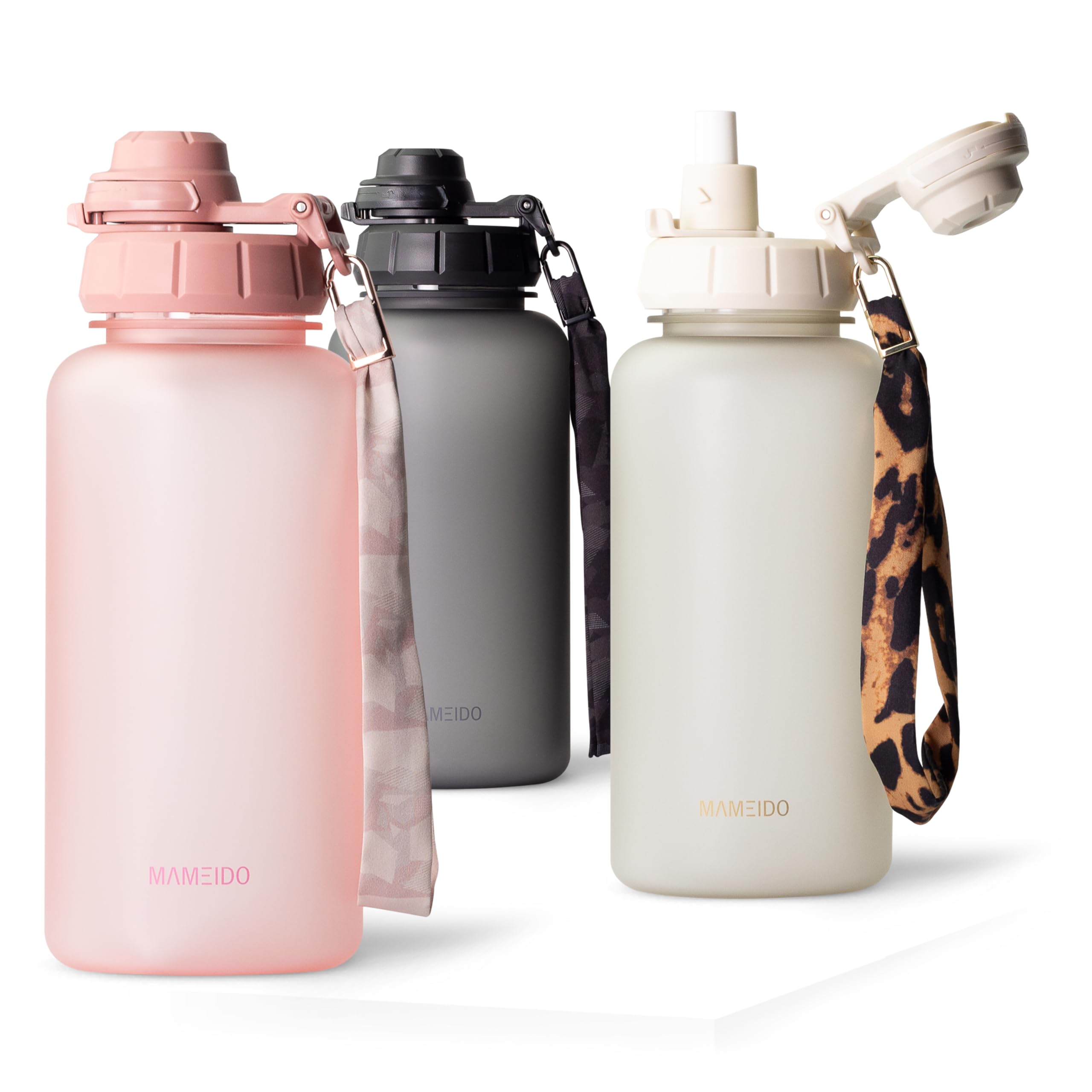 MAMEIDO Water Bottle with Straw & Time Markings 1 l, Leakproof Tritan Sports Water Bottle, Drinks Bottle BPA-free, Gym Water Bottles (Flamingo Pink)