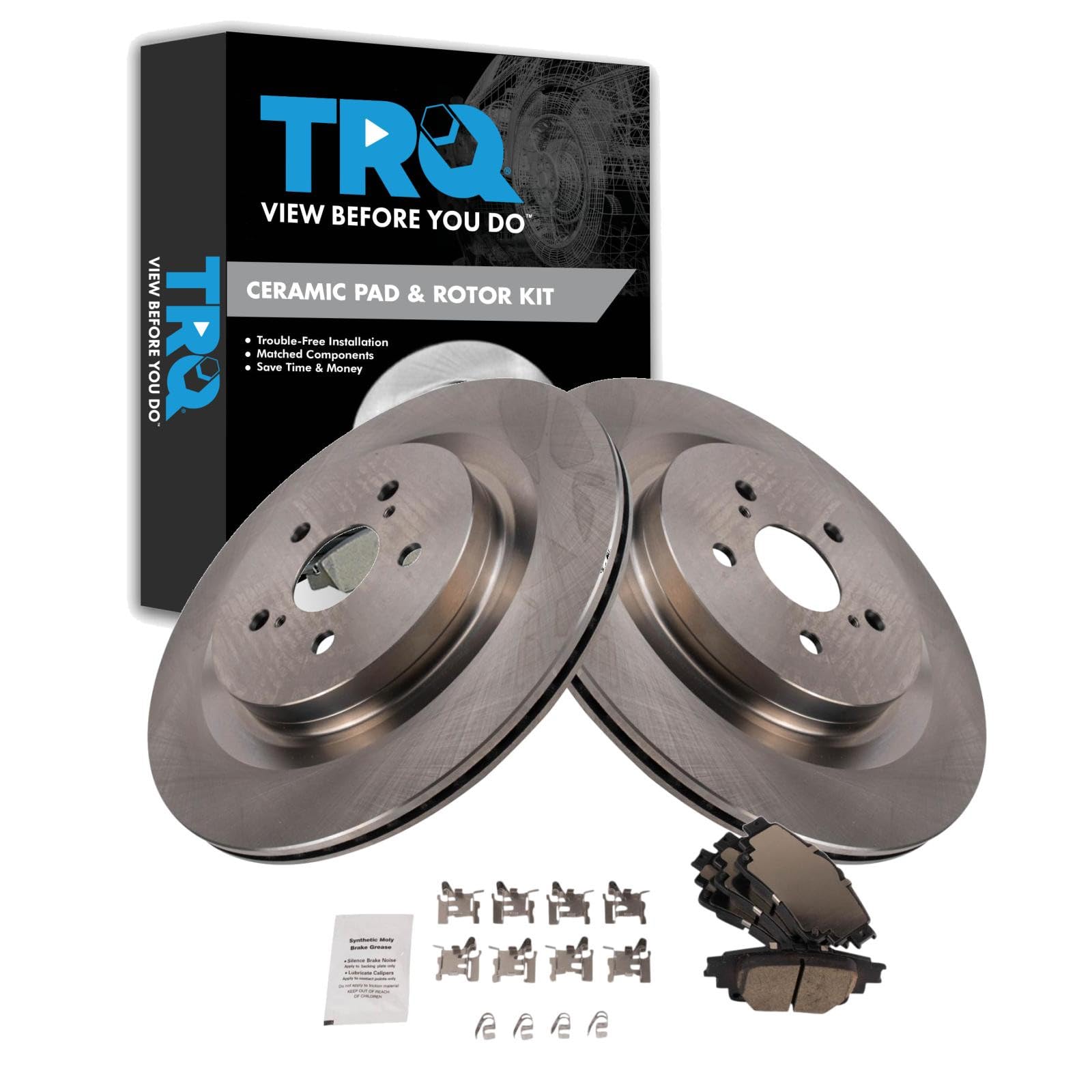 TRQ Rear Ceramic Brake Pad and Rotor Set Compatible with 2020-2022 Toyota Highlander With Electronic Parking Brake