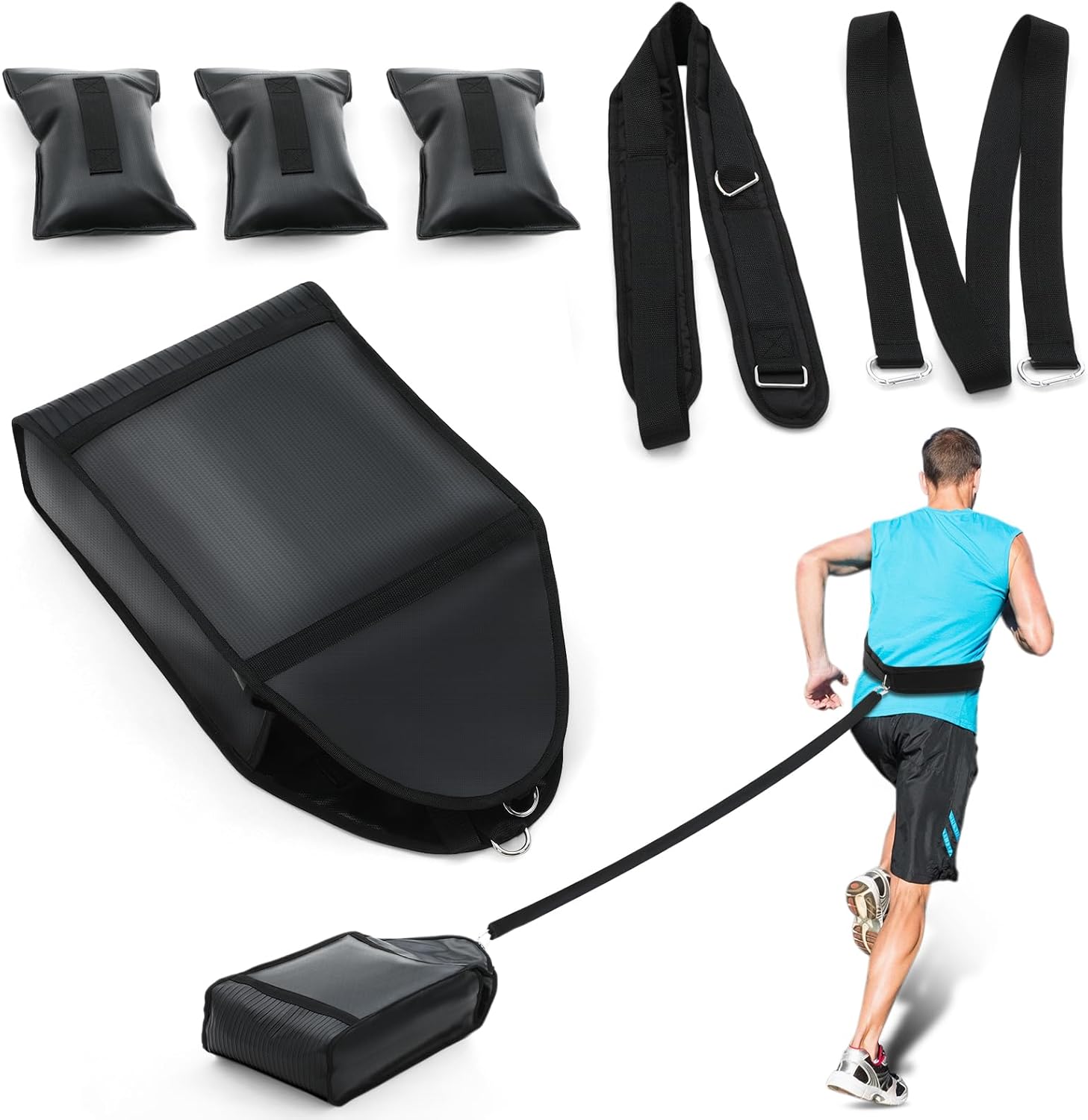 Soulchen Weight Sled Trainer Adjustable, Upgrade Sandbag Resistance Workout Push Sled Trainer with 3 Weight Sandbags for Sprinter Speed Training Running Indoor Outdoor