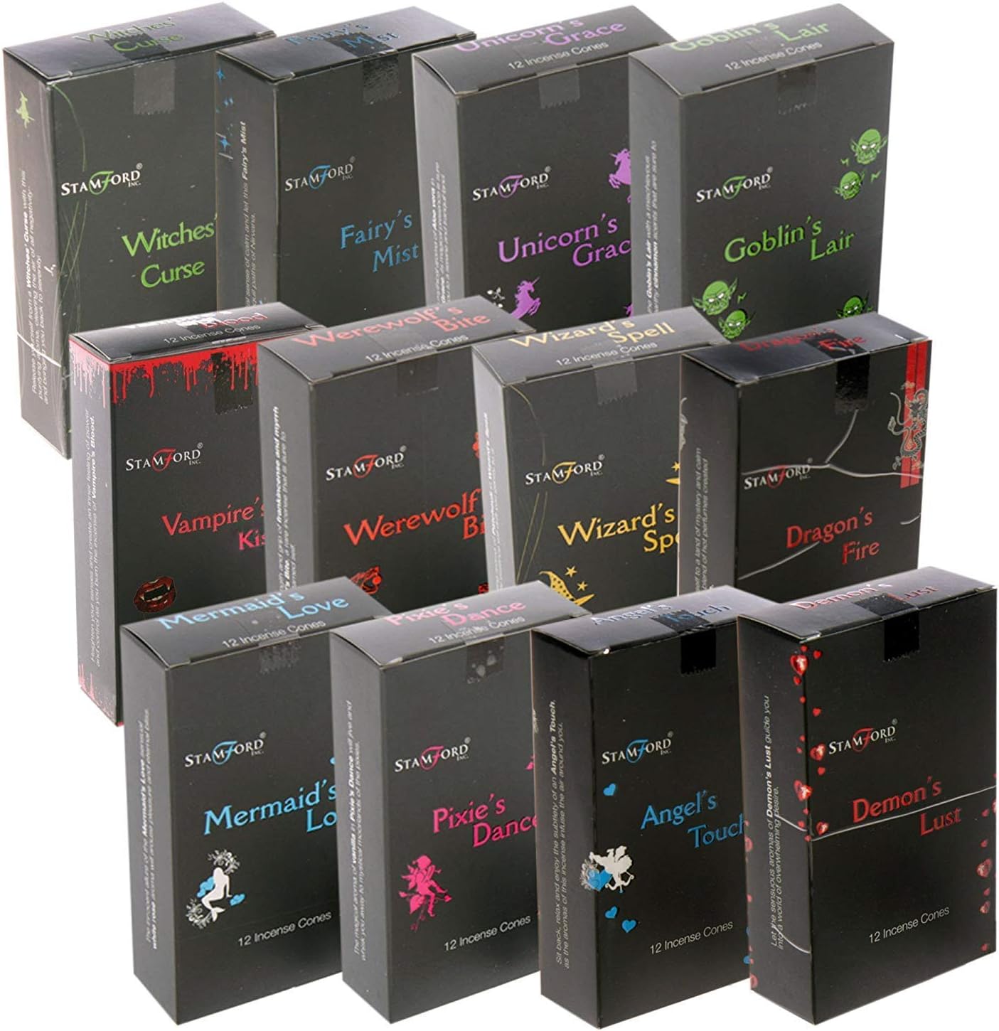 Stamford Black Incense 144, 12 Cones Sampler Pack (Mixed Variety Box), One Size