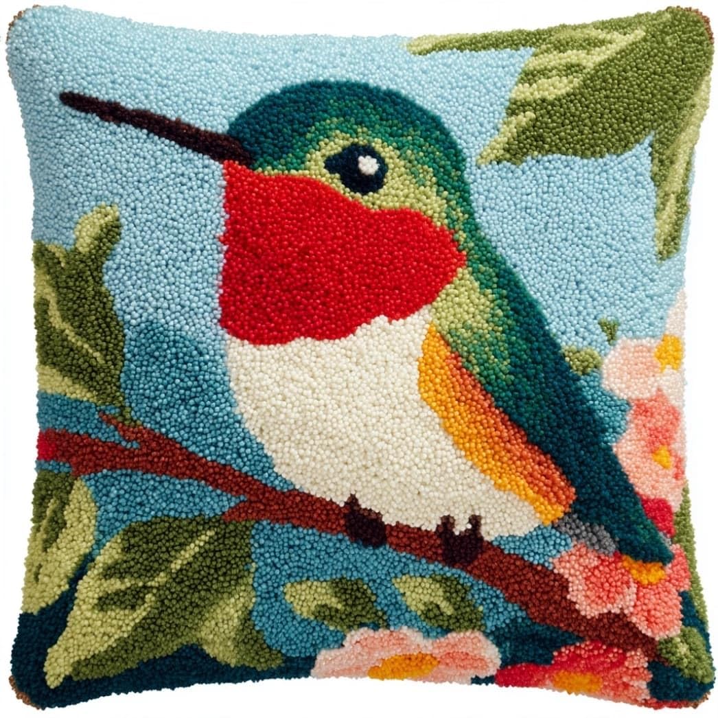 AxiangziK Latch Hook Cushion Kit,Hummingbird DIY Throw Pillow Cover 43X43Cm