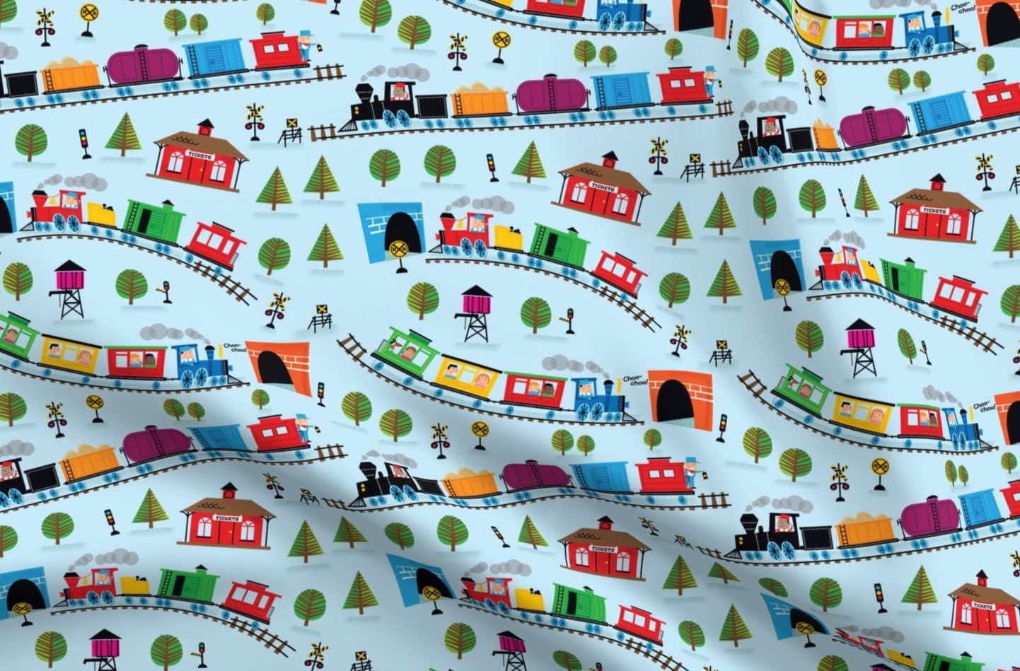 Spoonflower Fabric - Trains, Blue, Nursery, Railroad, Rainbow, Boy, Girl, Colorful Printed on Organic Cotton Sateen Fabric by The Yard - Sewing Quilting Apparel Home Decor