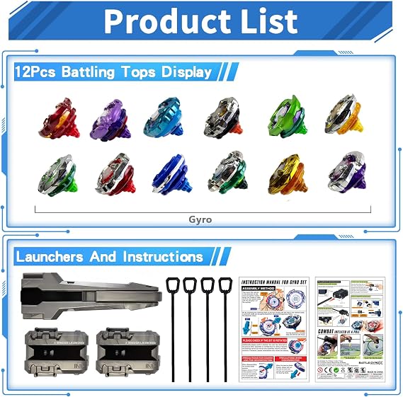 Battle Spinning Top Set with 12 Colorful Tops, Launchers and Accessories, Combat Game Collection