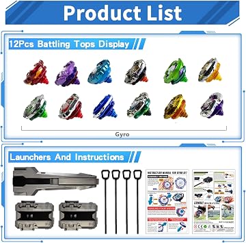 Battle Spinning Top Set with 12 Colorful Tops, Launchers and Accessories, Combat Game Collection