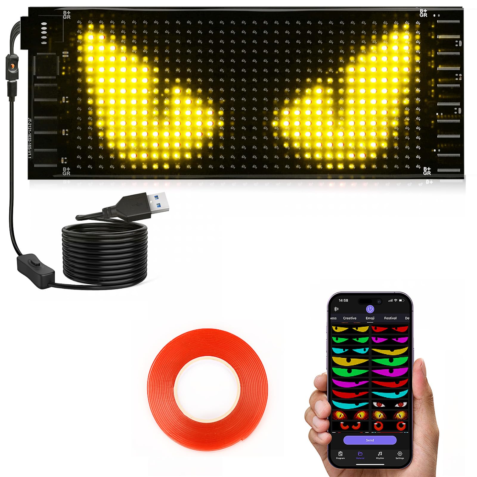 Tnuxey Devil Eyes Light for Motorcycle Windshield, 7''x3'' Flexible LED Light Signs for Car, Programmable Bluetooth APP Control Custom Text Pattern Animation LED Displays for Car Windshield