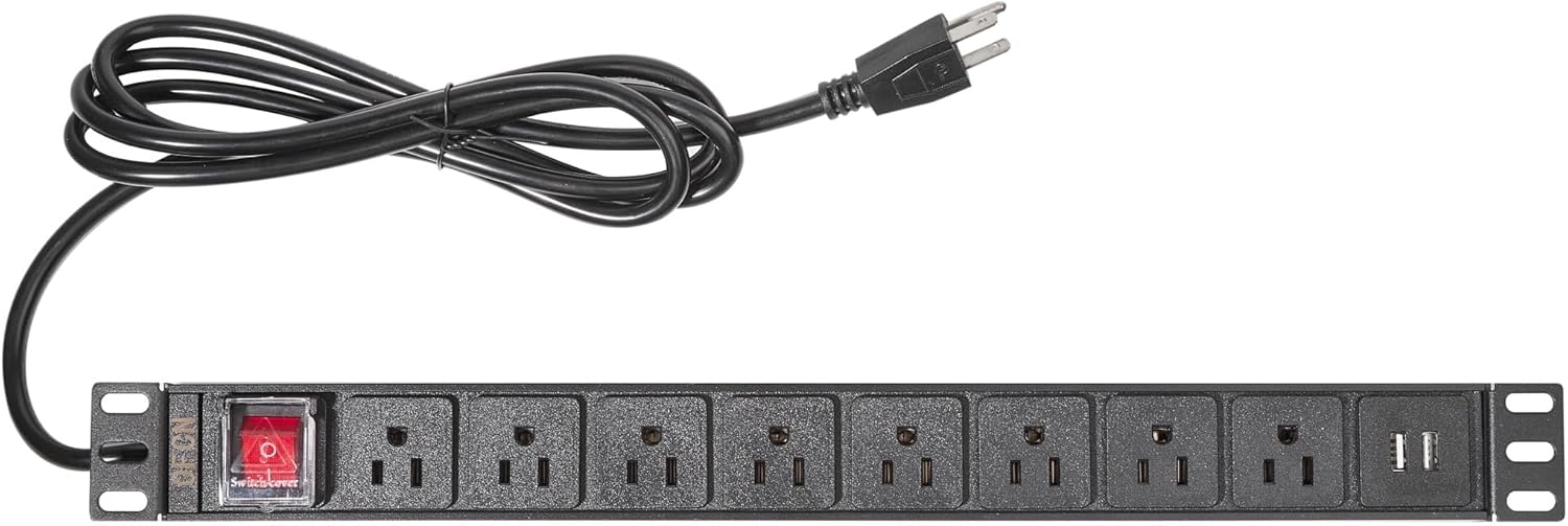 8 Outlet PDU with 2 USB Mountable Power Strip, Wall Mount Outlet Power Strip Heavy Duty, Wide Spaced 15A 125V 1875W, 6 FT SJT 14AWG Power Cord 19" 1U Rack Mount PDU Power Strips