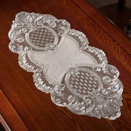 Miniatura 10 de ARTABLE Camino de mesa de encaje rectangular de tela de lino de algodón gris con exquisito bordado de macramé para cocina, hogar, boda, fiesta,
