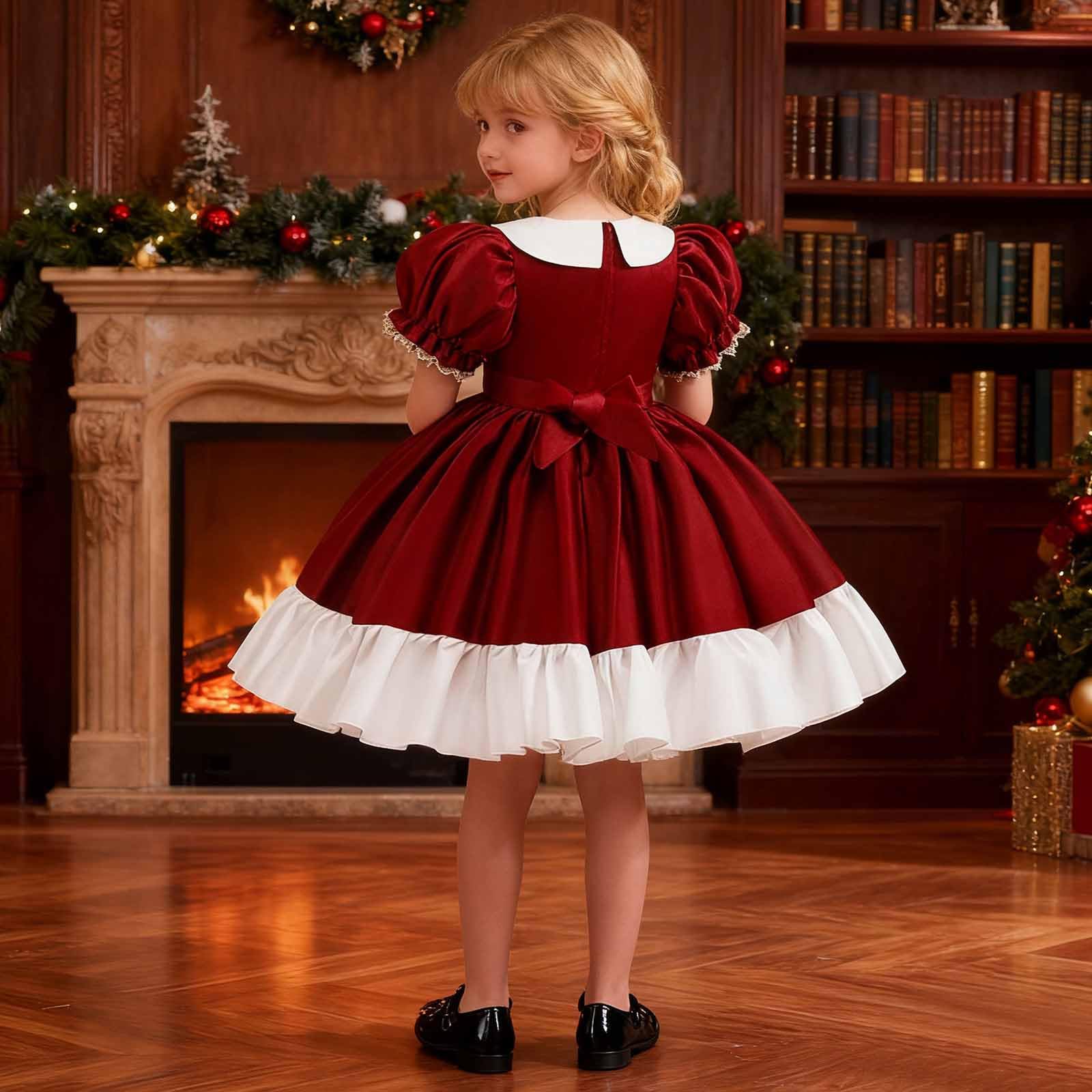 Vestiti Natale Bambina, Vestito da Festa per Bambina,a Maniche Corte,con Ricamo Natalizio,in Costume