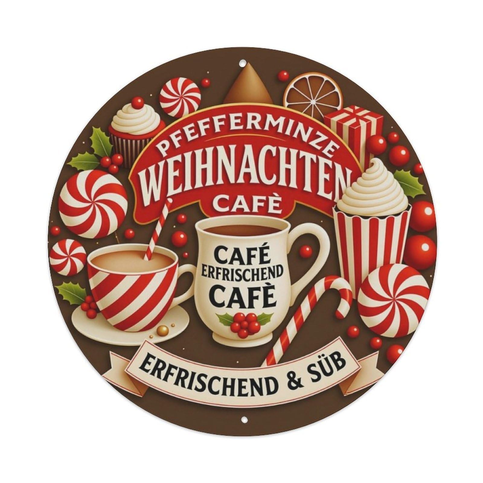 German Christmas Peppermint Cafe Round Sign Vintage Aluminium Metal Sign, Retro Wall Decor for Home, Bar, Garage & Farmhouse 20x20cm