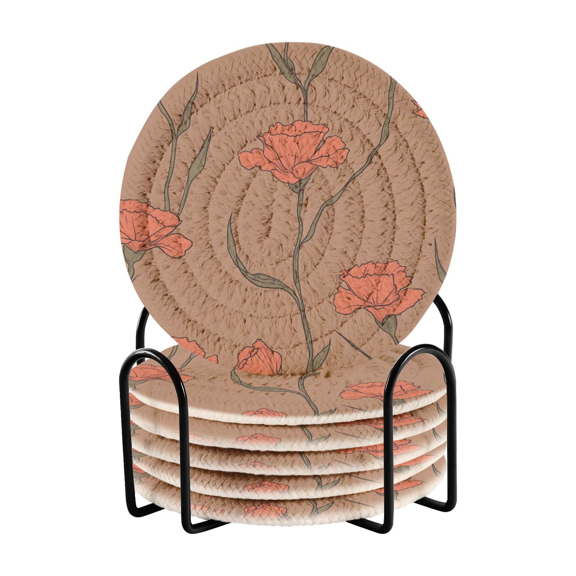 Chic Carnation Brown Cotton Rope Casters and Holder Set of 6 Table Coasters