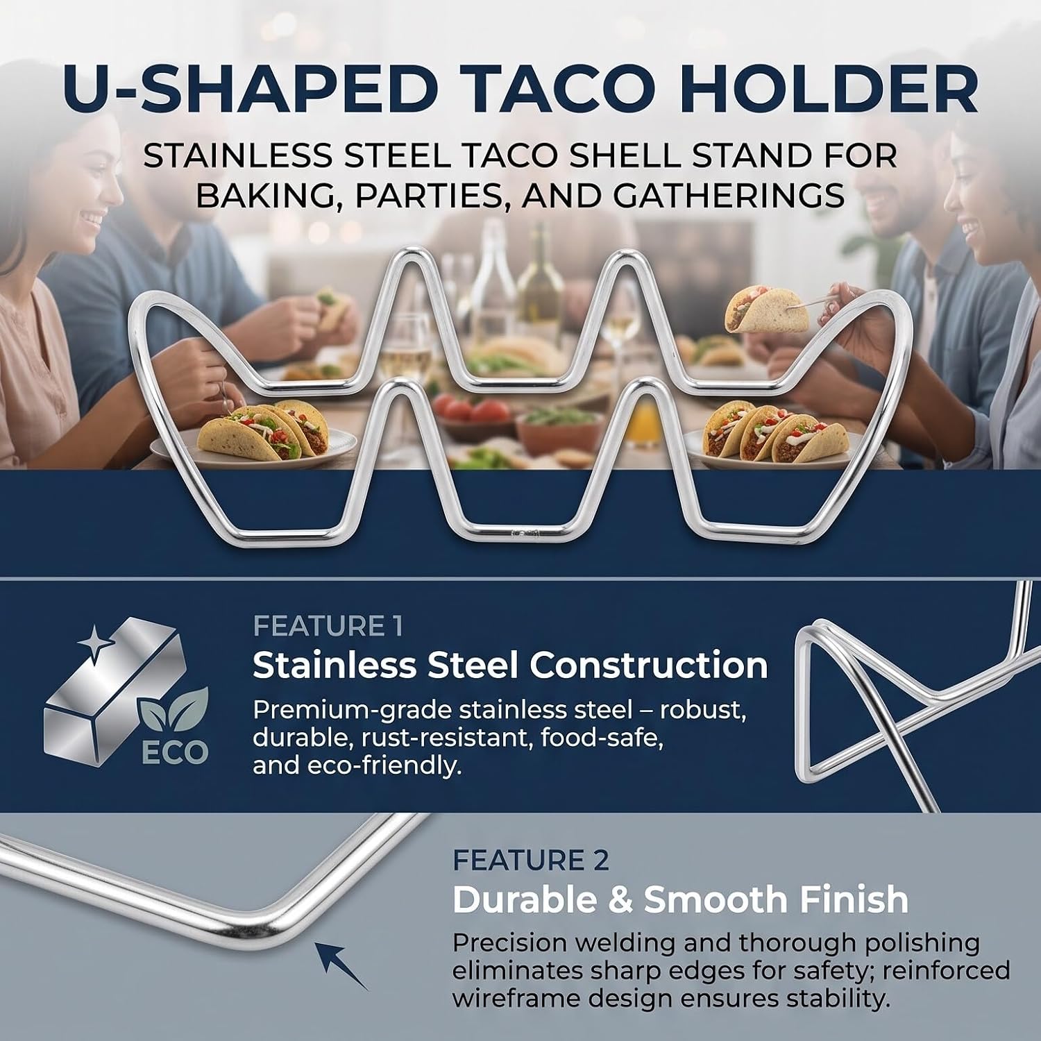 Stainless Steel Taco Holder, Double Sided 3 Grid U Shaped Rack Oven Safe Stand Up Server for Family Dinner Party 304 Stainless Steel Silver 1 Pack