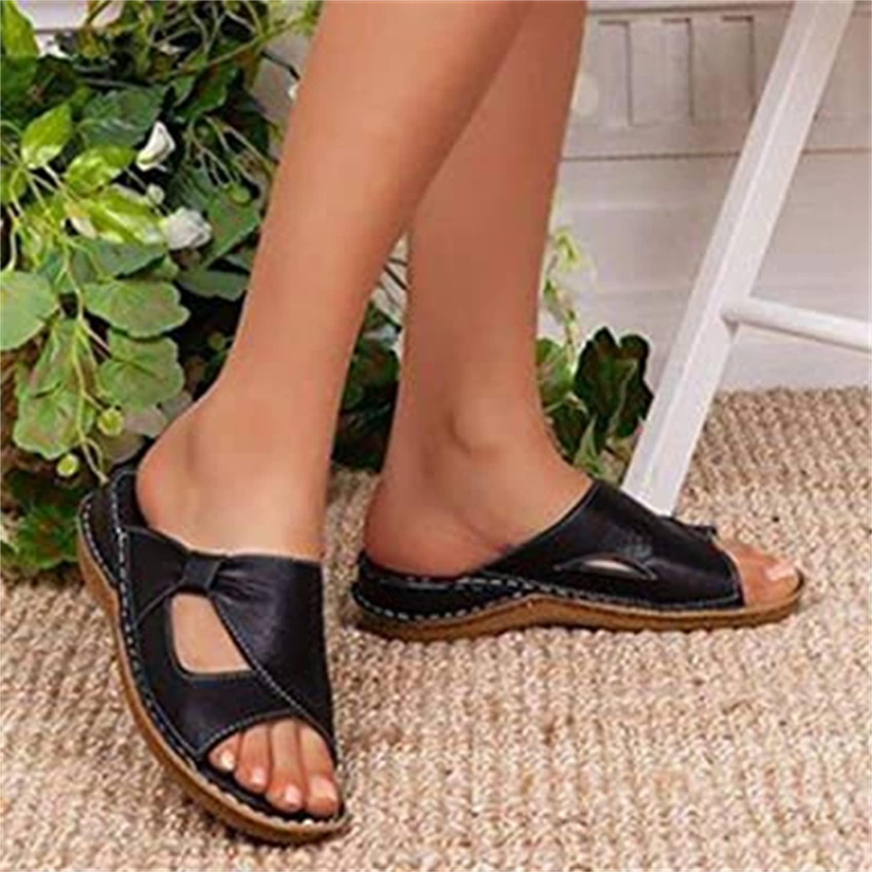 Luway Women's Black Flat Bunion Sandals Comfy Platform Slippers Summer Sandal Shoes Leather Wedge Mules Post Toe Flip Flop Slippers Orthotic Sandals With Arch Support,,Us7/Eu38