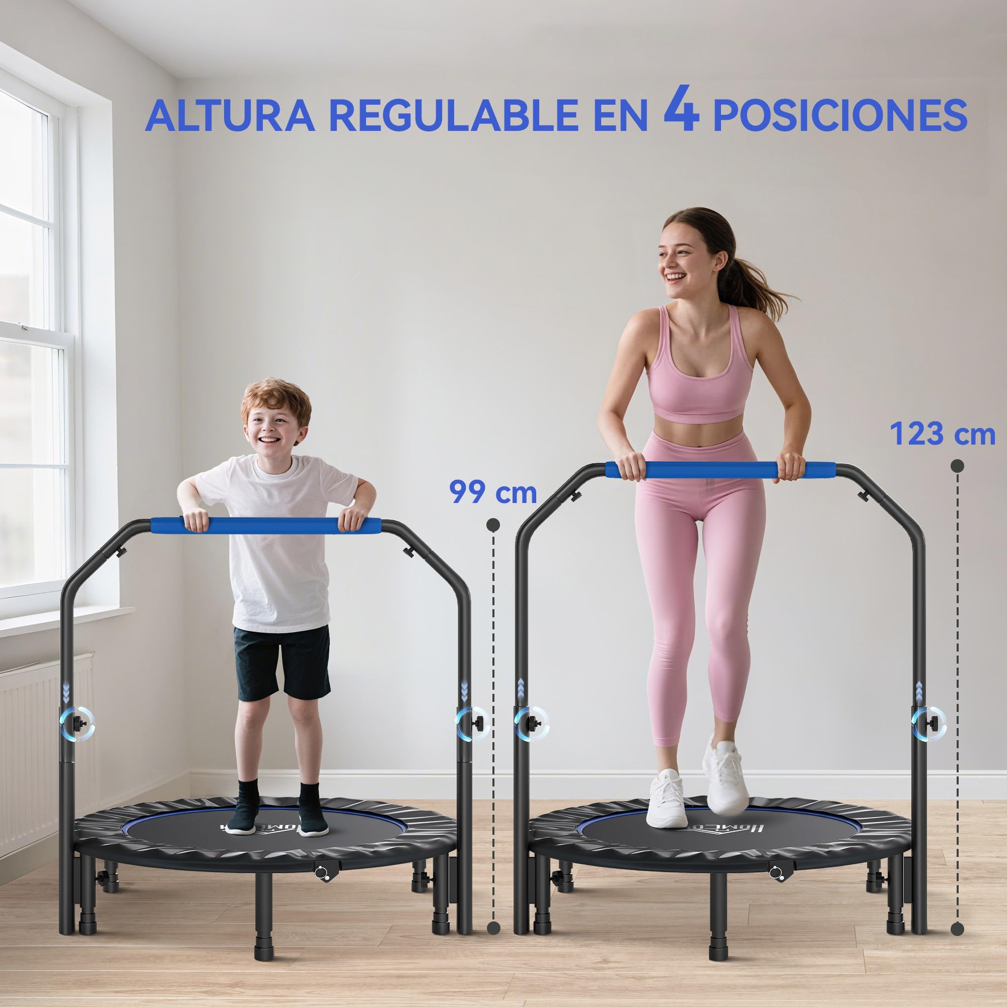 HOMCOM Trampolín de Fitness Adultos Ø102/114/122 cm, Cama Elástica Plegable con Mango Ajustable de 4 Niveles, Marco de Acero, para Entrenamiento Piernas, Cuerpo en Hogar, Oficina, Gimnasio