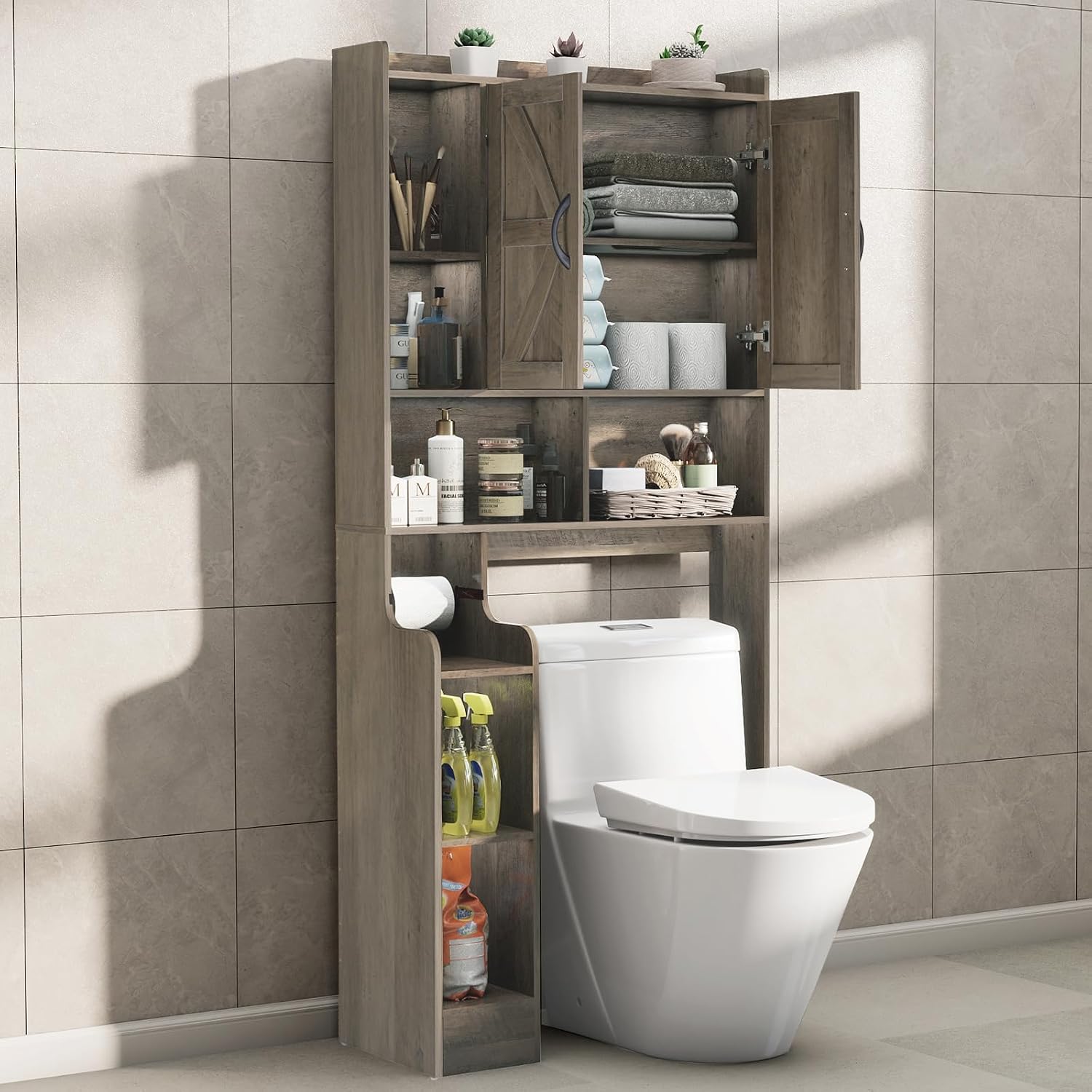 Nasonet Over The Toilet Storage Cabinet in a bathroom setting, positioned over a toilet, showcasing its storage capacity with various toiletries and towels.