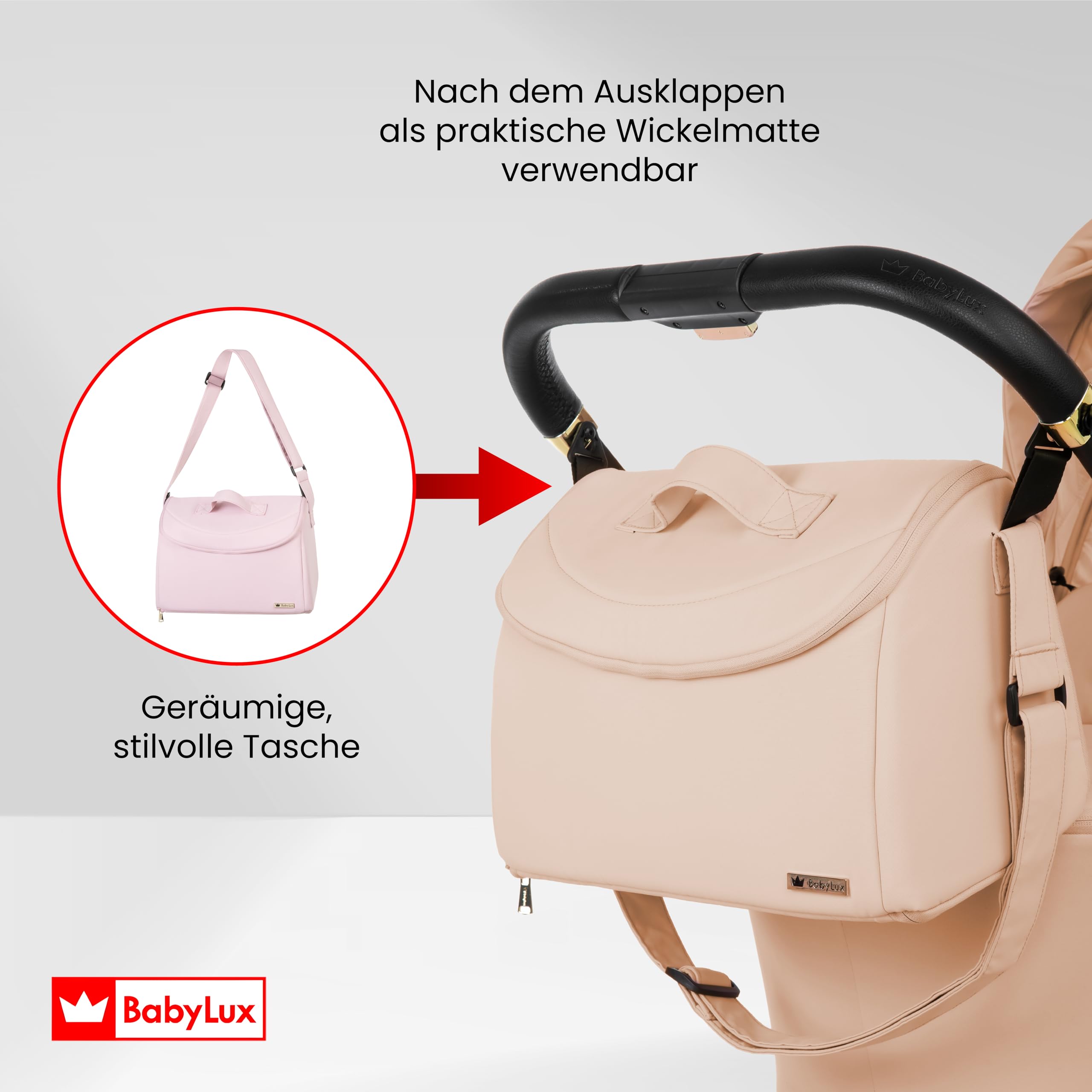 BabyLux® Kinderwagen 3in1 Set ROSSO, Faltbar Leicht Kombikinderwagen Set incl. Babywanne, Buggy Sportsitz, Babyschale i-Size, Wickeltasche und mehr Zubehör, 4 Liegepositionen, 0-22kg, UV Schutz 50+